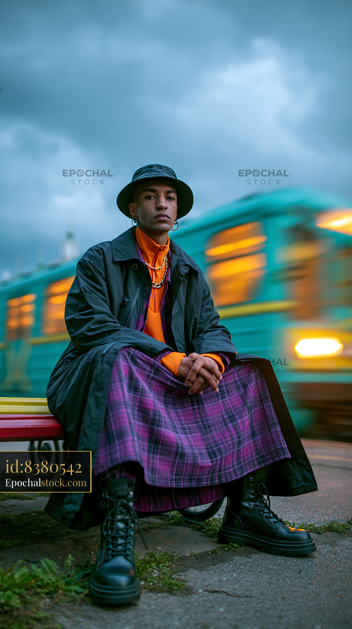 Watermarked full-resolution preview of Young man sitting outdoors in layered urban clothing