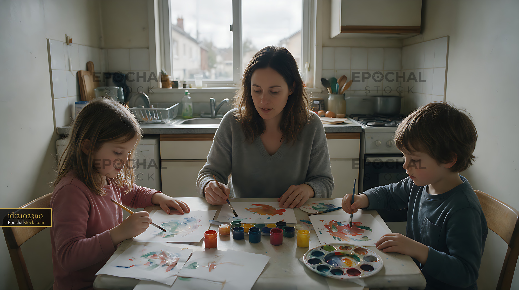 Watermarked full-resolution preview of Family painting activity around a kitchen table