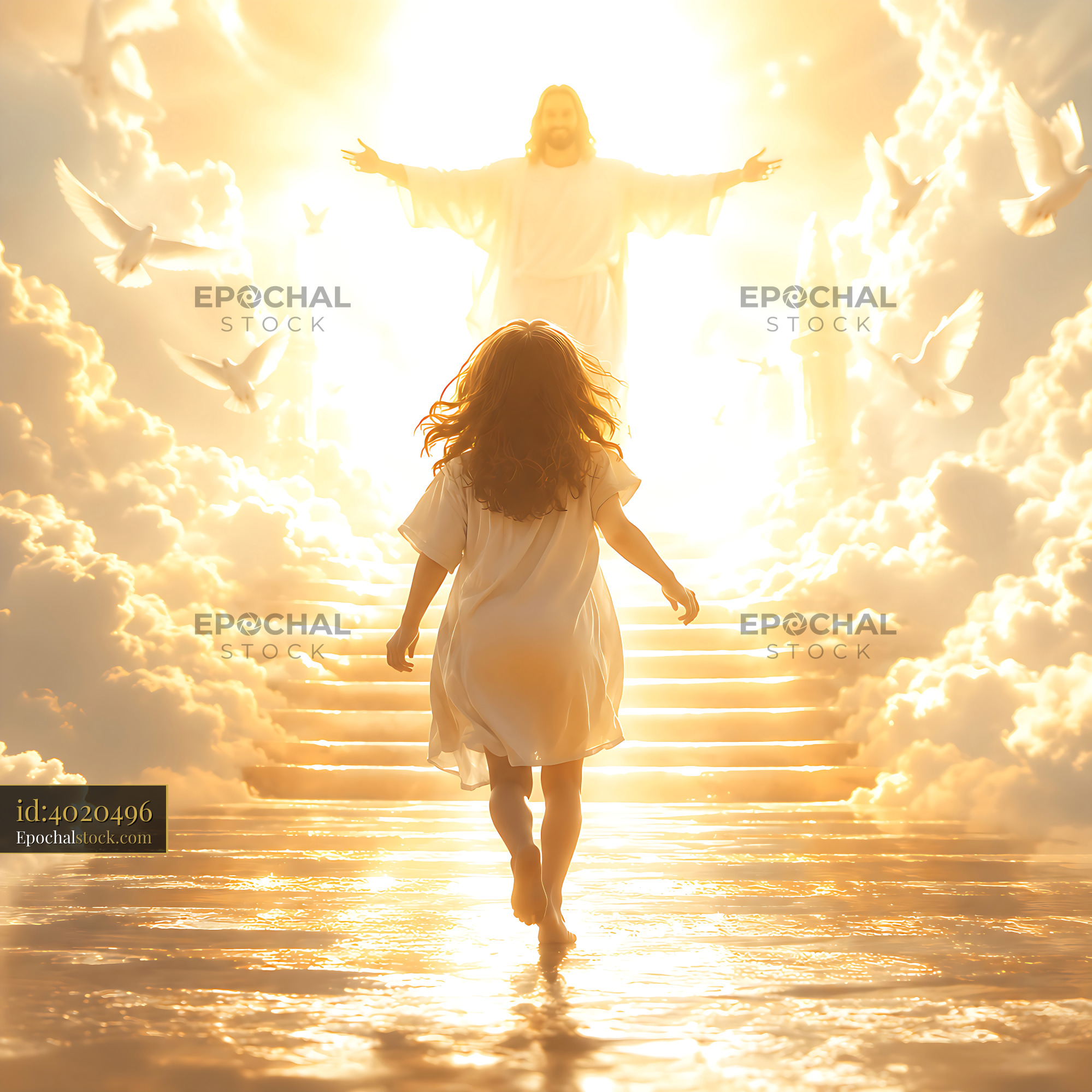 Watermarked full-resolution preview of Child approaching figure in bright light