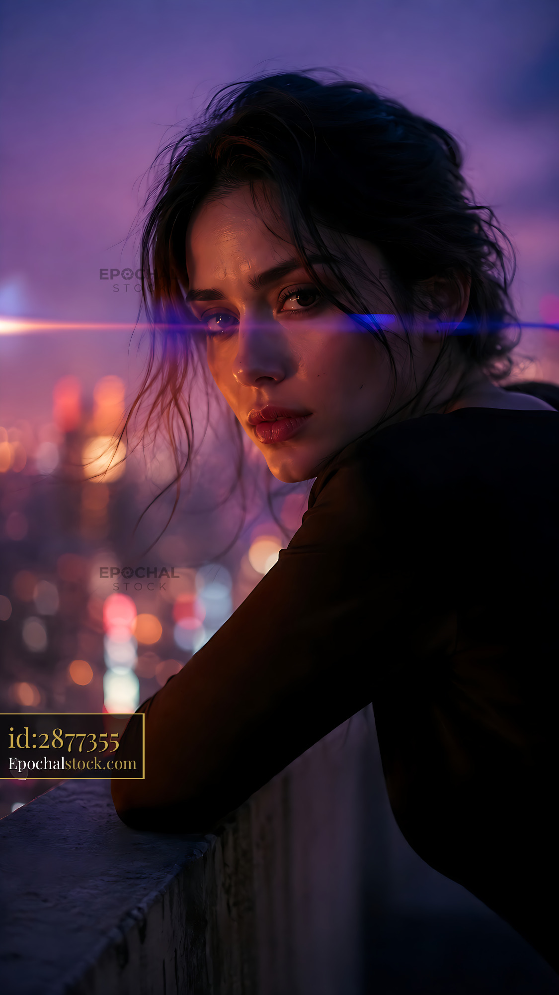 Woman Gazes at City Skyline During Sunset With Colorful Lights - stock photo