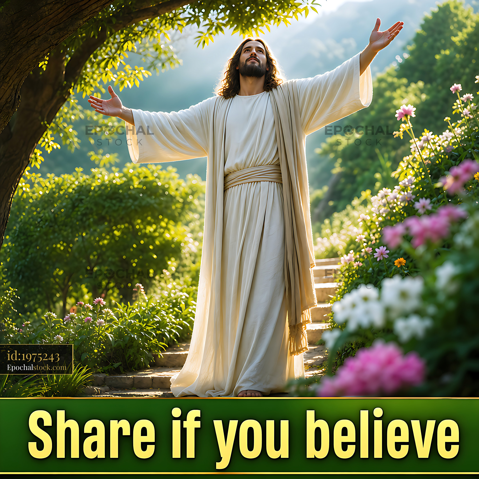Watermarked full-resolution preview of Man with arms raised in nature expressing faith