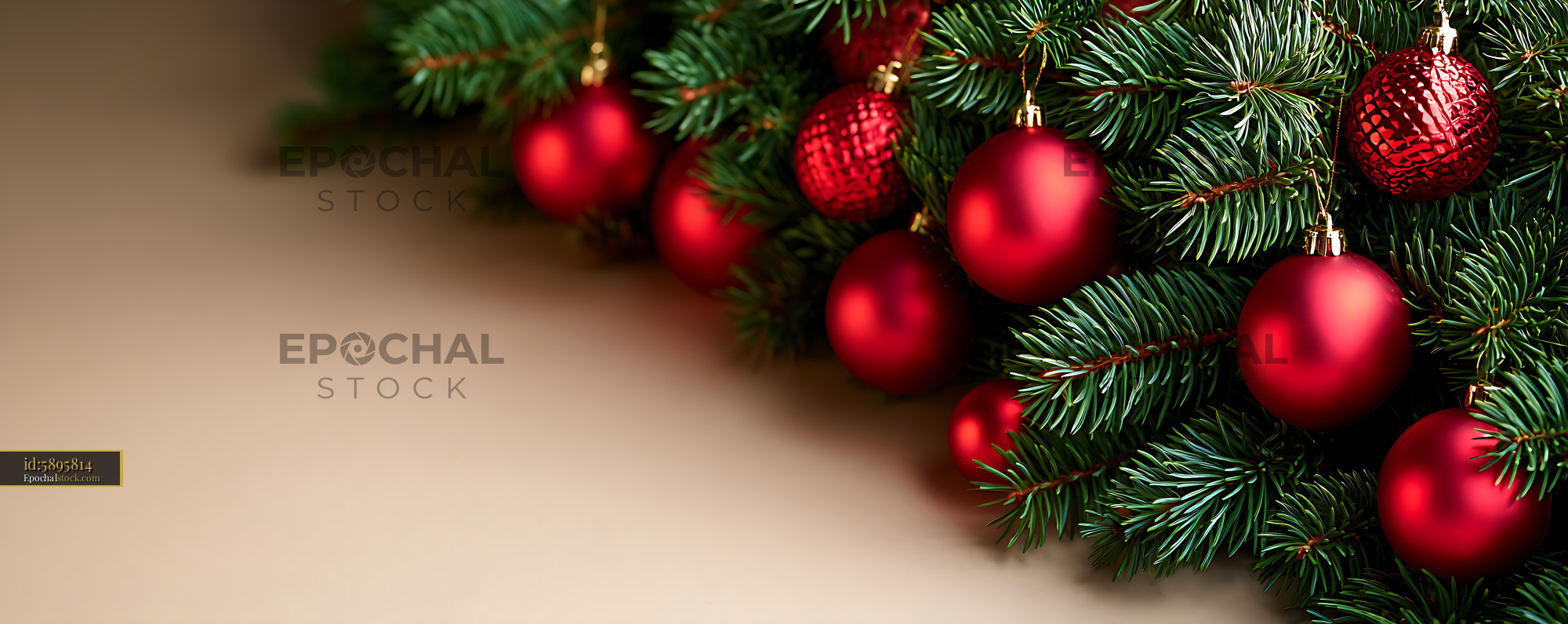 Watermarked full-resolution preview of Evergreen Christmas branches decorated with red ornaments