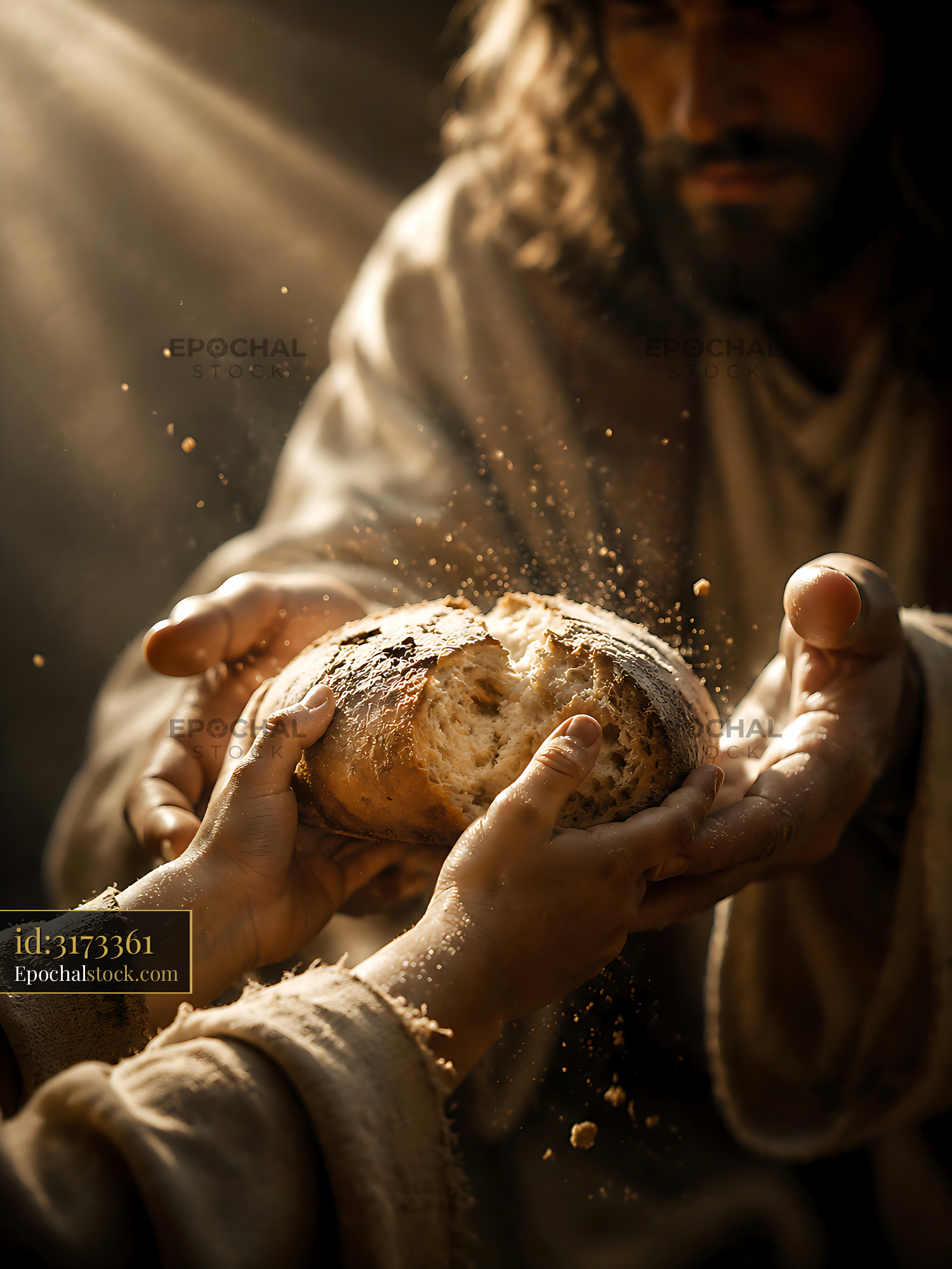 Watermarked full-resolution preview of Sharing bread in a warm light setting