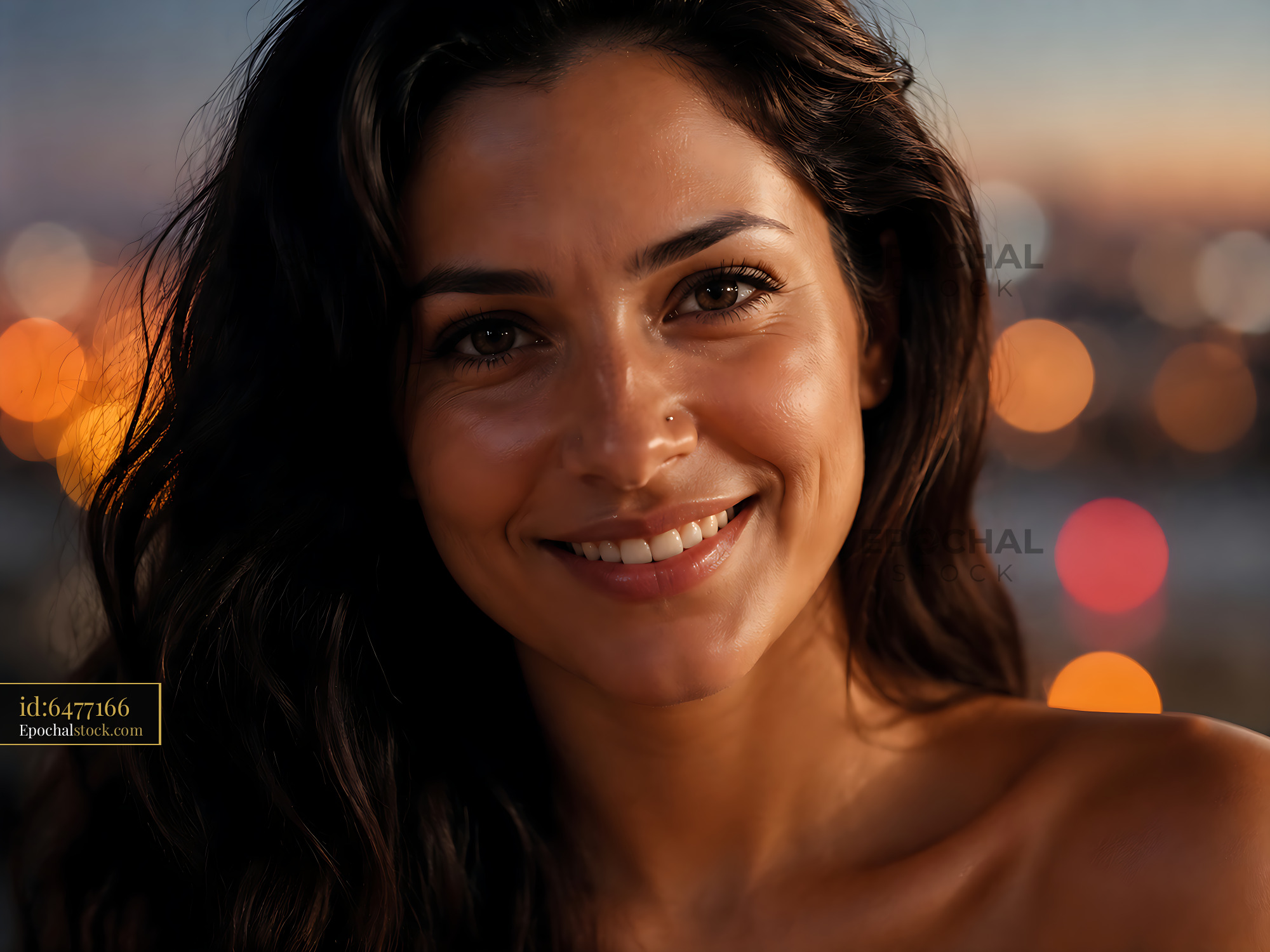 Watermarked full-resolution preview of Smiling woman with long dark hair against a city backdrop