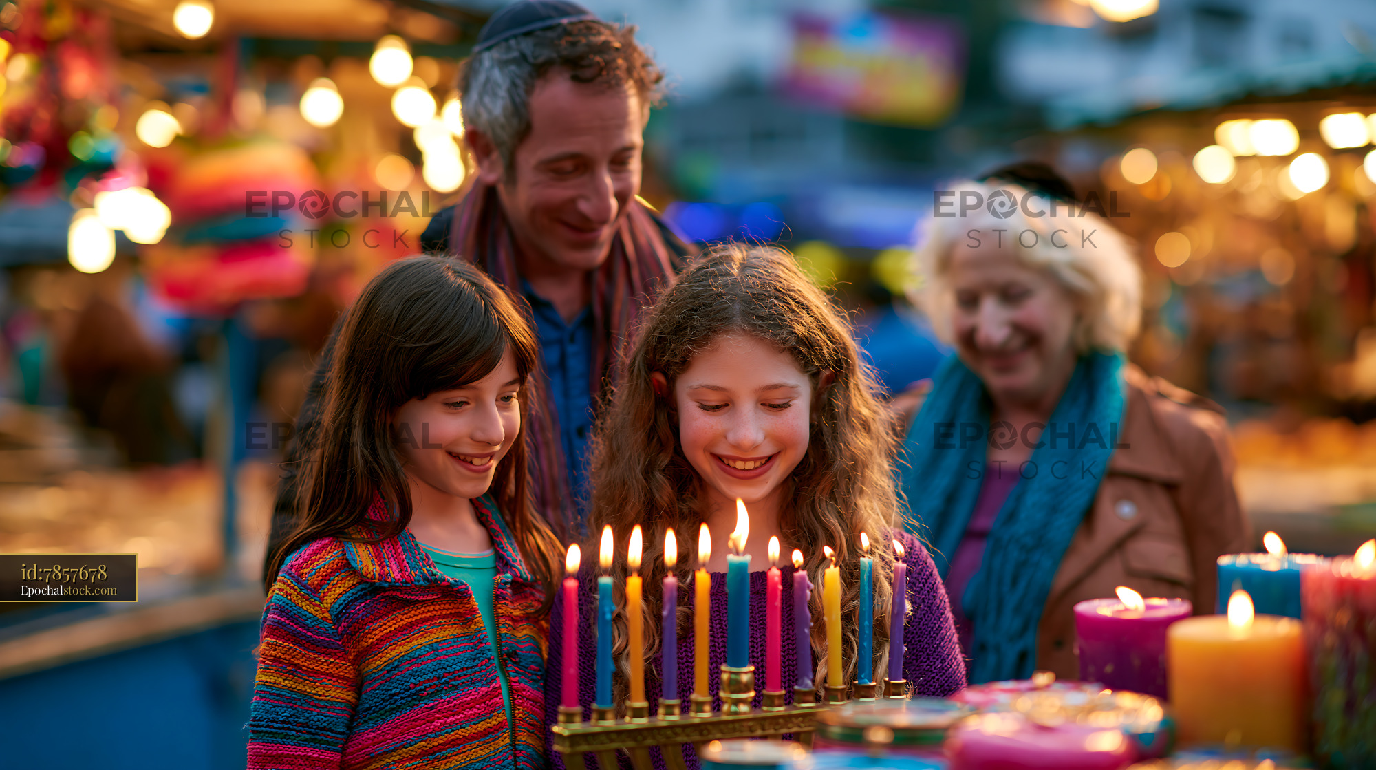 Family Lighting a Menorah for Hanukkah at a Festival in Town - stock photo