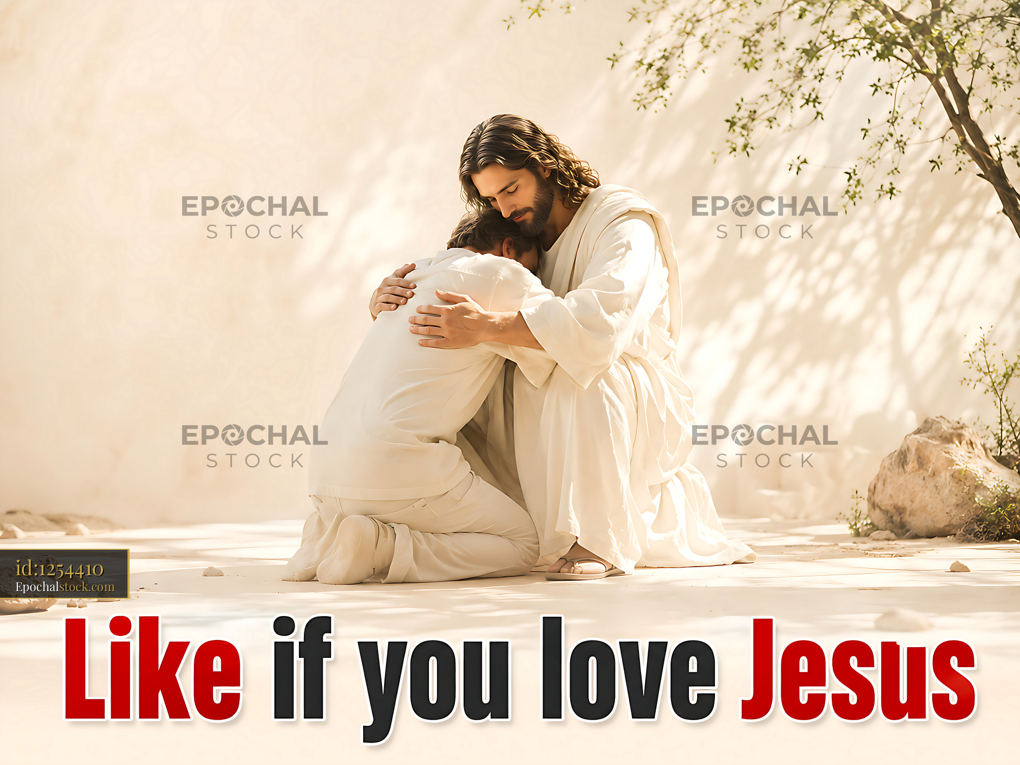 Watermarked full-resolution preview of Man kneels before Jesus in a symbol of devotion
