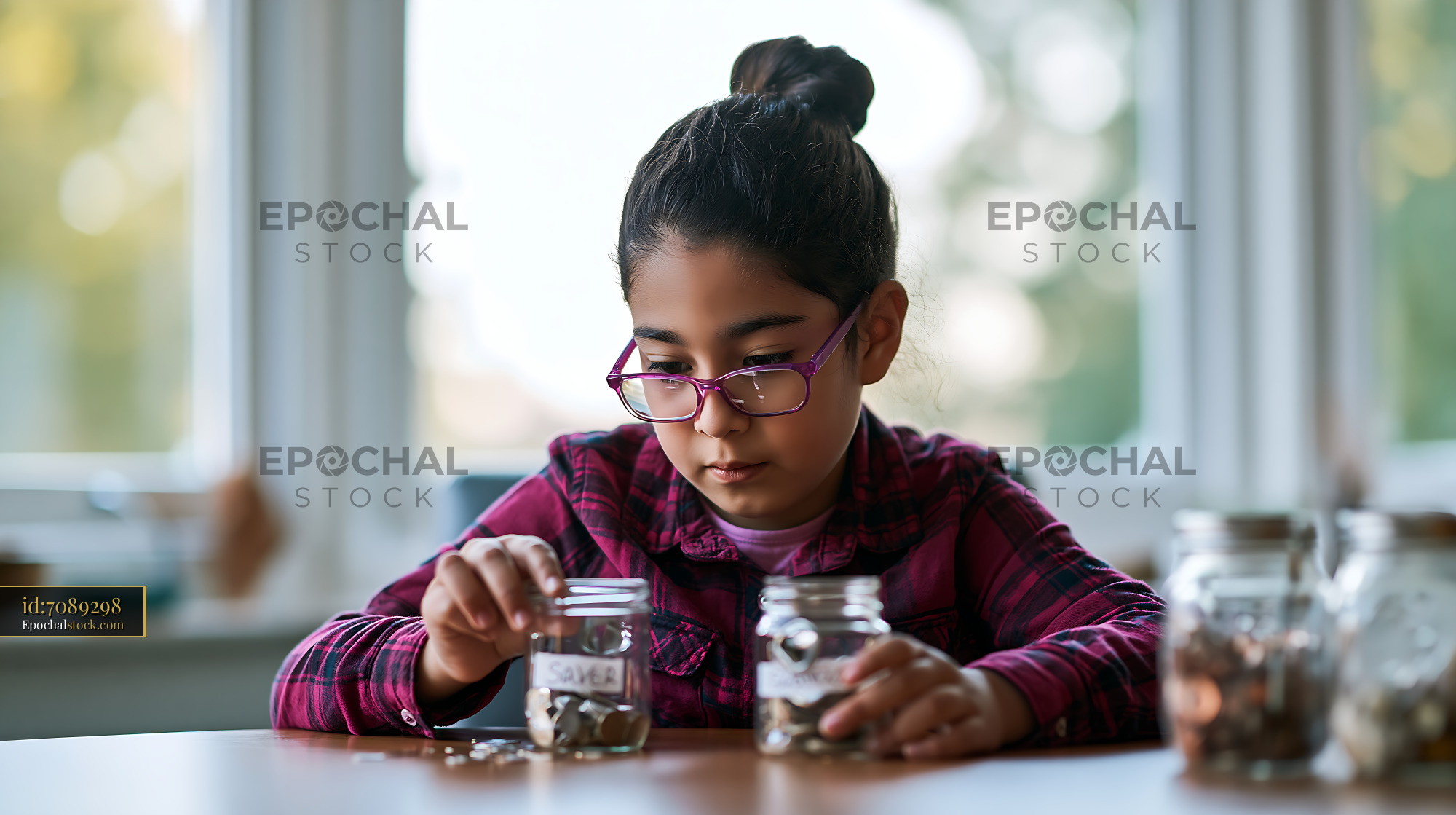 Watermarked full-resolution preview of Child counting coins in jars at home