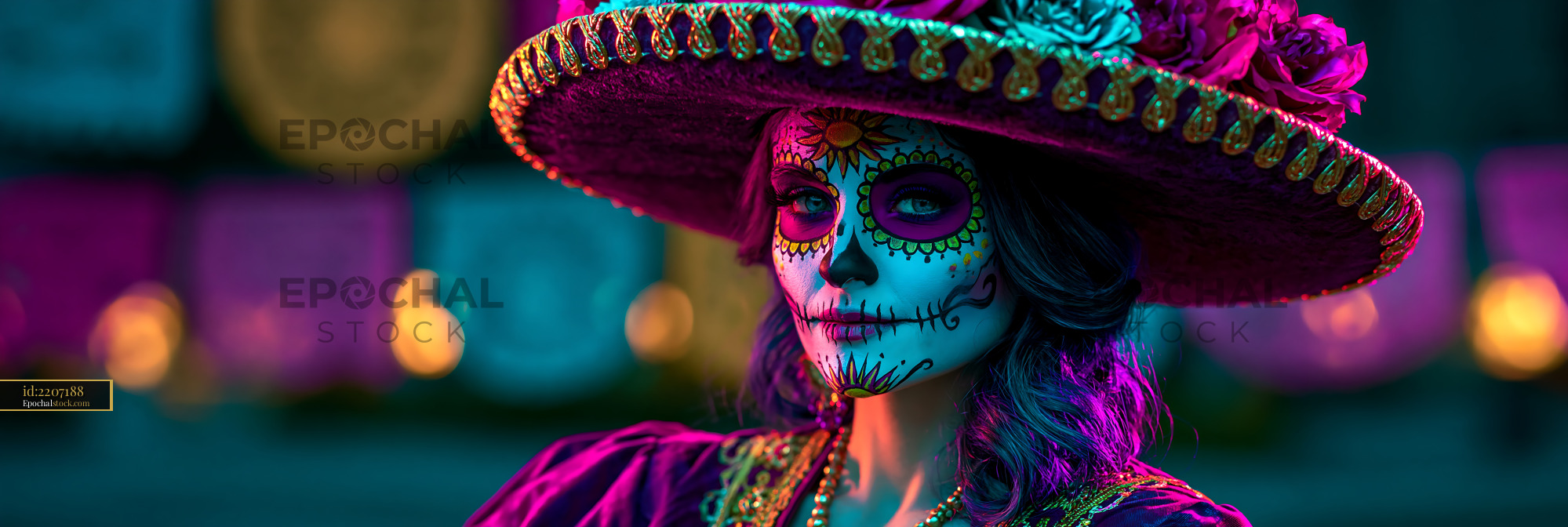 Watermarked full-resolution preview of Woman in traditional attire with sugar skull makeup during celebration
