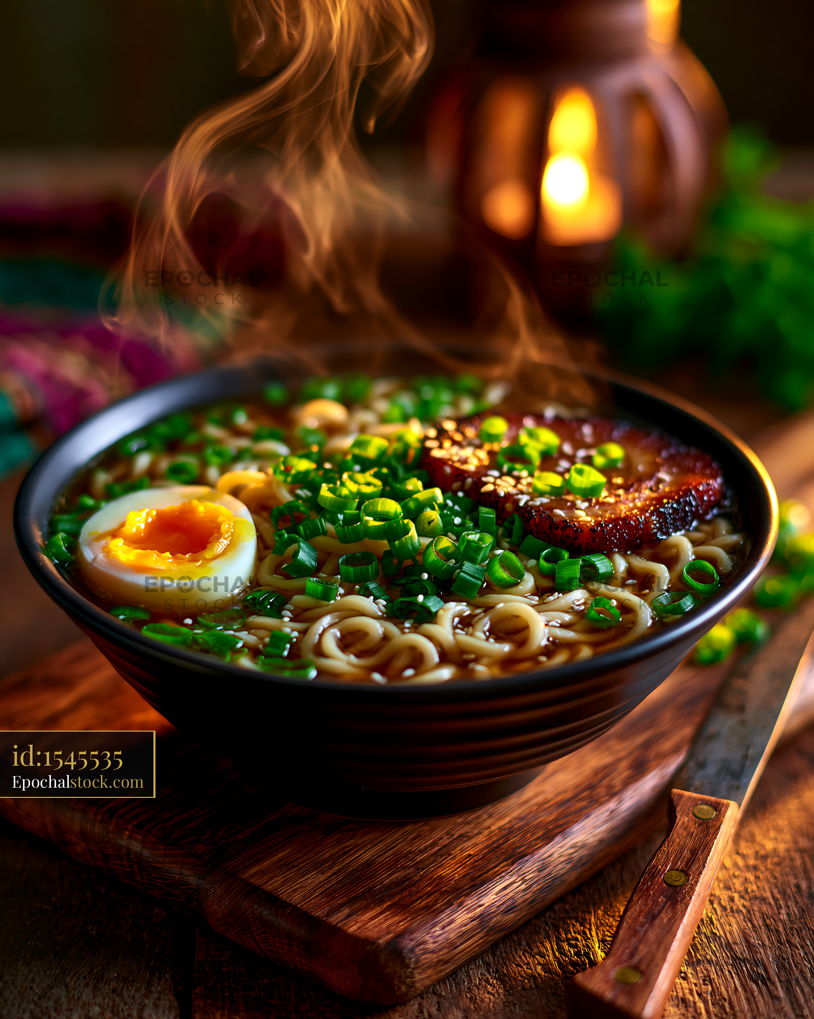 Watermarked full-resolution preview of Freshly prepared ramen bowl with egg and green onions