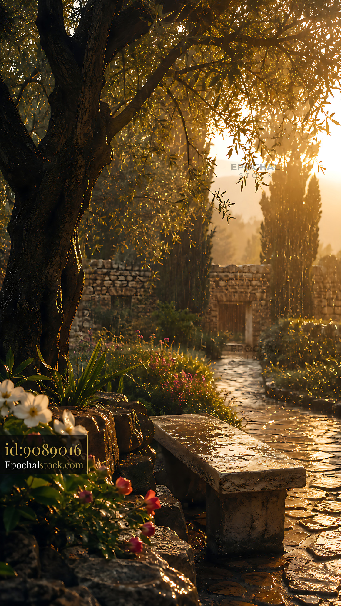 Watermarked full-resolution preview of Morning light in a garden after rain