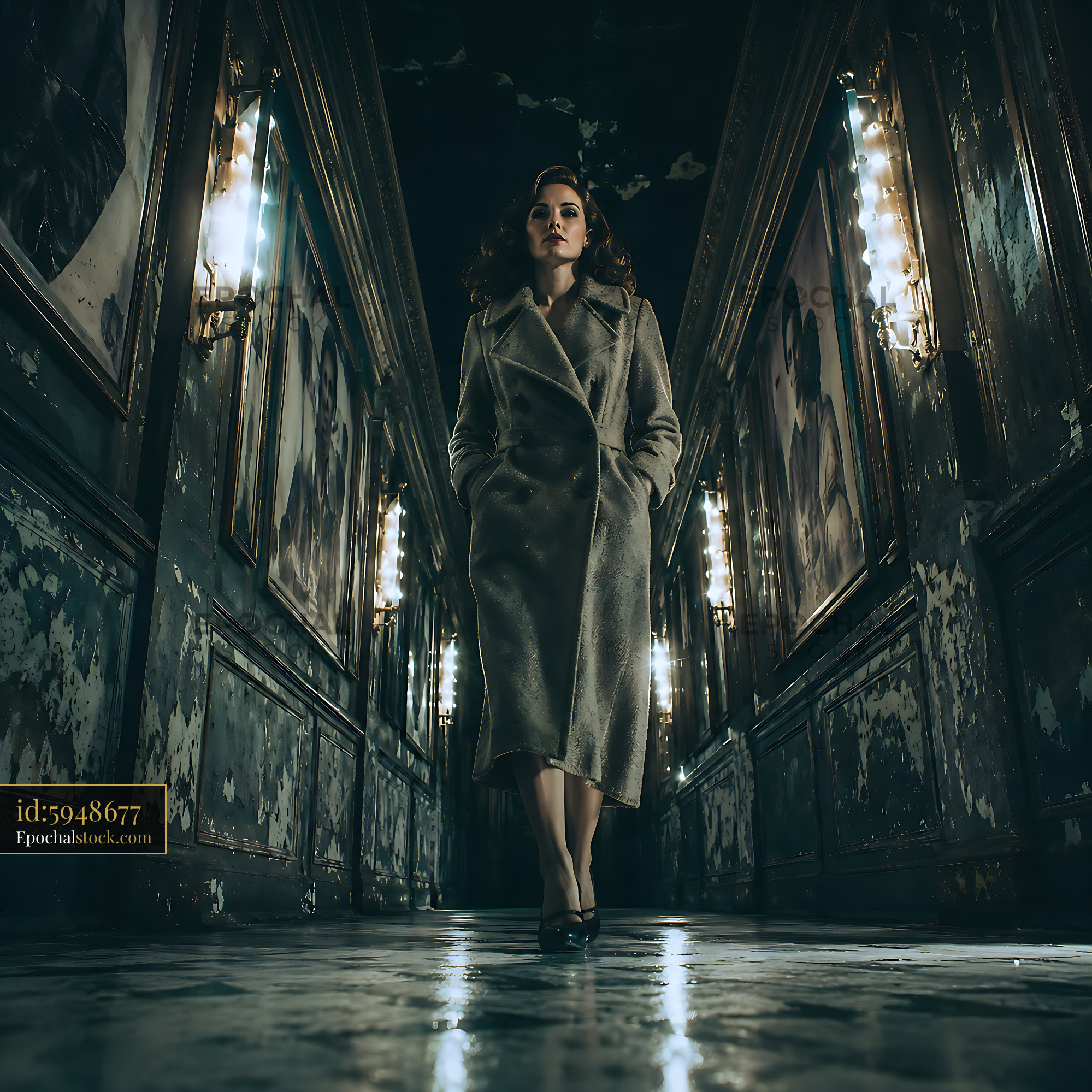 Watermarked full-resolution preview of Woman walking in a dark hallway with vintage portraits on walls