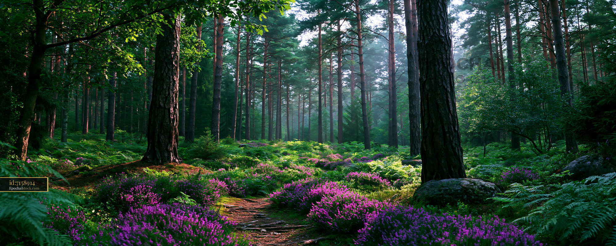 Watermarked full-resolution preview of Sunlight shining through trees in a forest filled with flowers