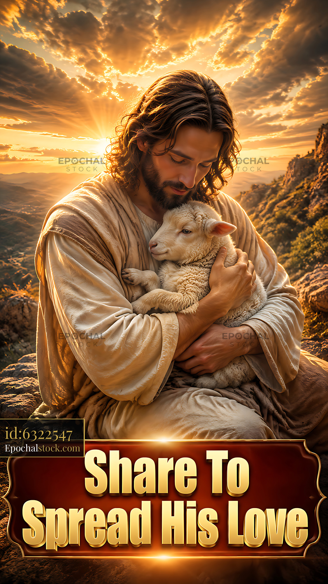 Watermarked full-resolution preview of Man holding sheep at sunset in a mountainous landscape