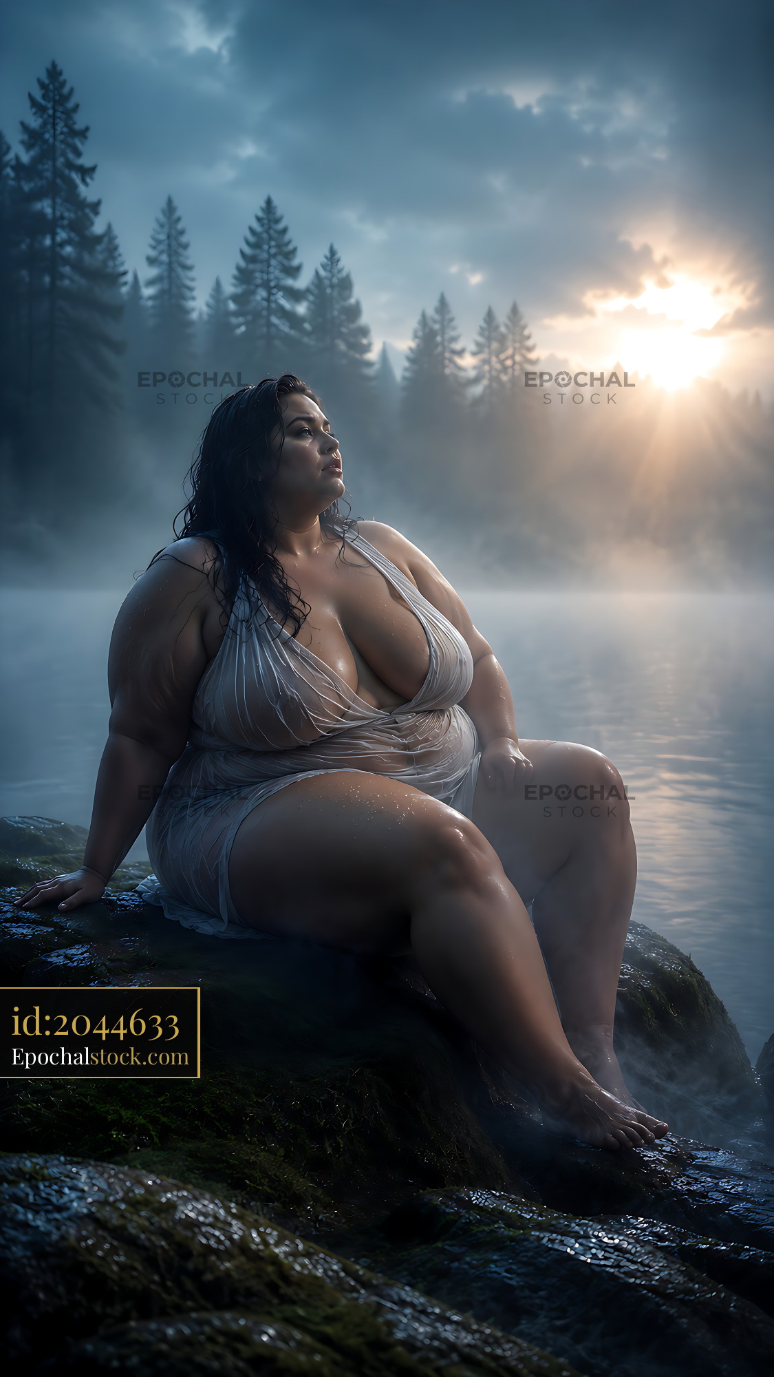 Watermarked full-resolution preview of Woman sitting on rock by misty lake at sunrise