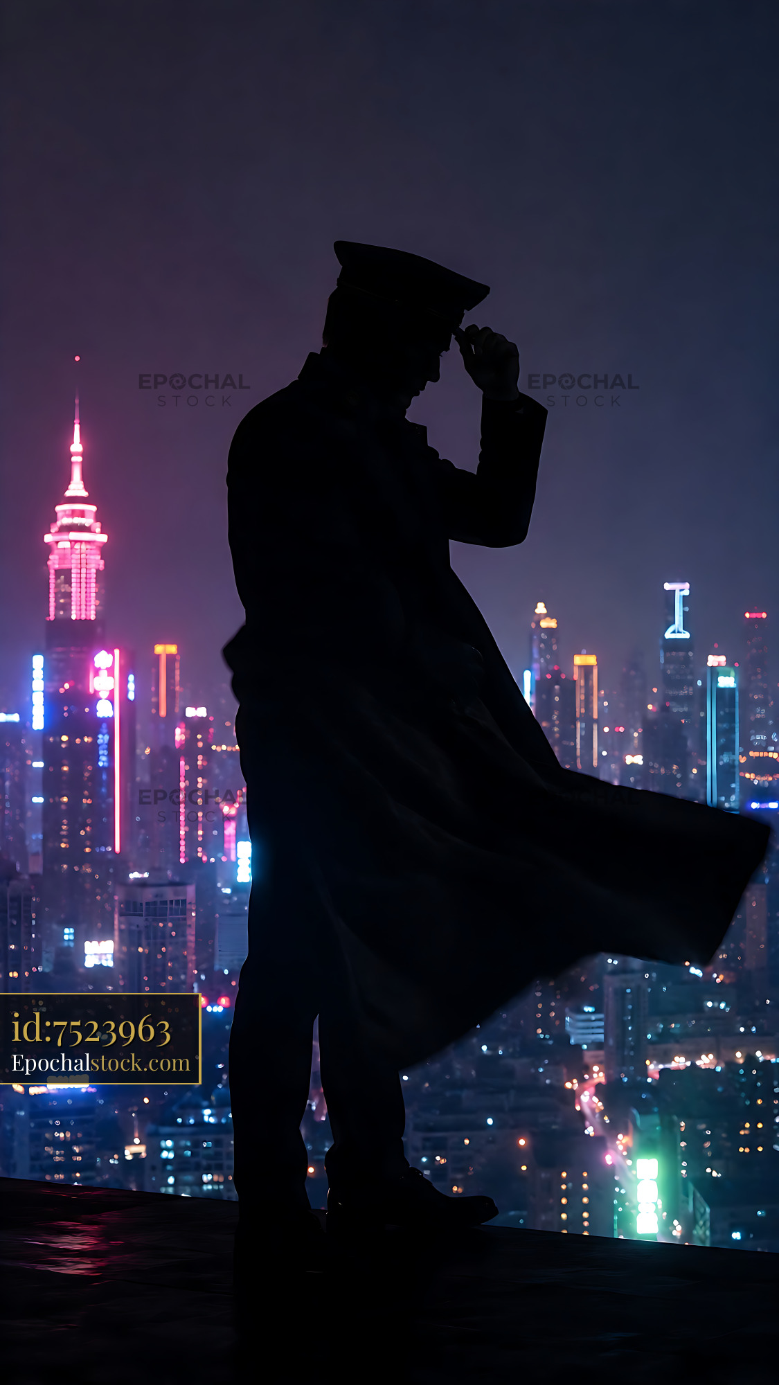 Watermarked full-resolution preview of Silhouette of person in uniform overlooking city skyline at night