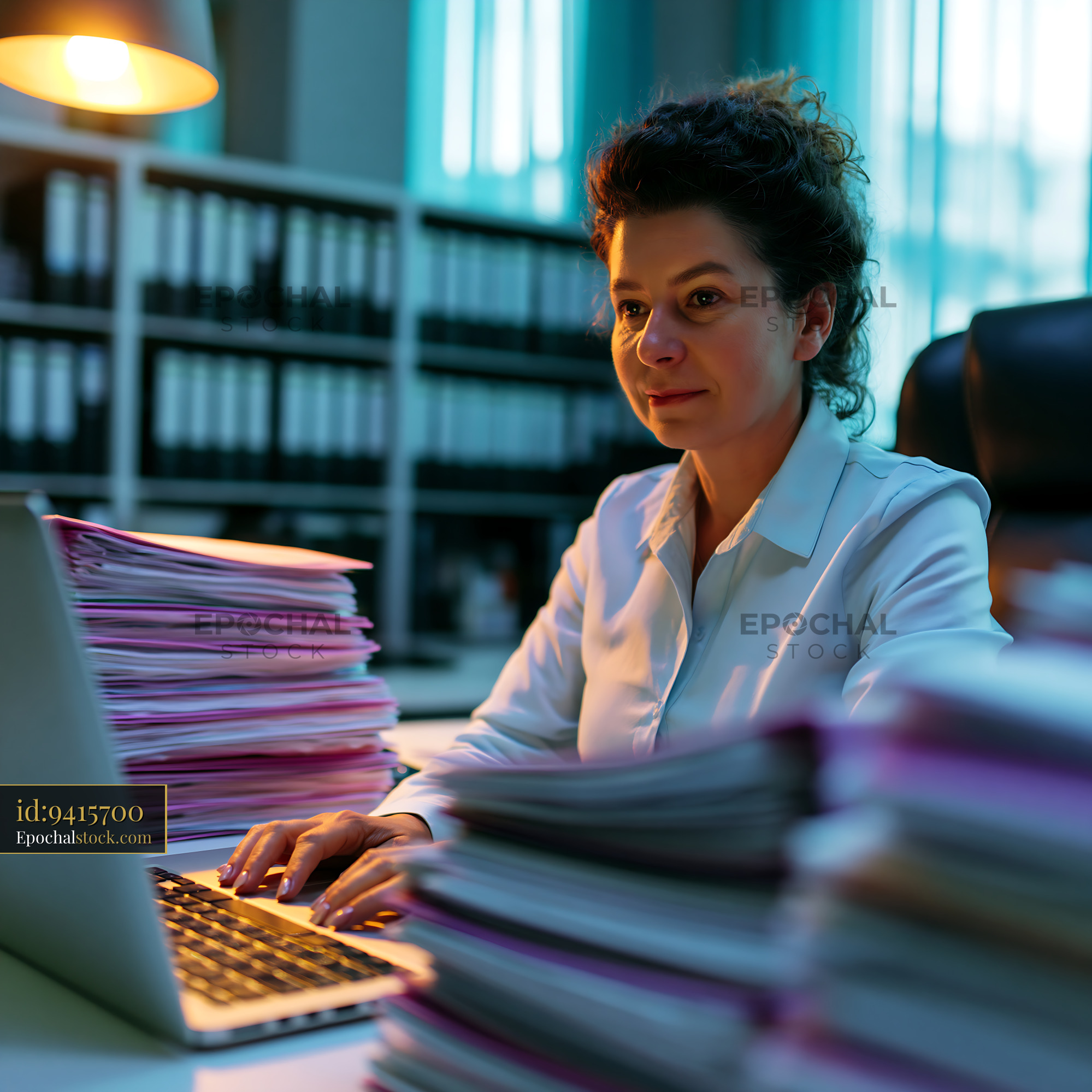 Watermarked full-resolution preview of Woman working at desk with stacks of paperwork and laptop