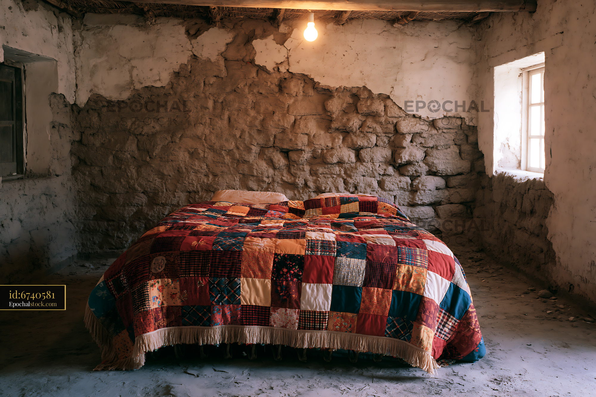 Watermarked full-resolution preview of Cozy bedroom with a quilt on a bed in a rustic setting