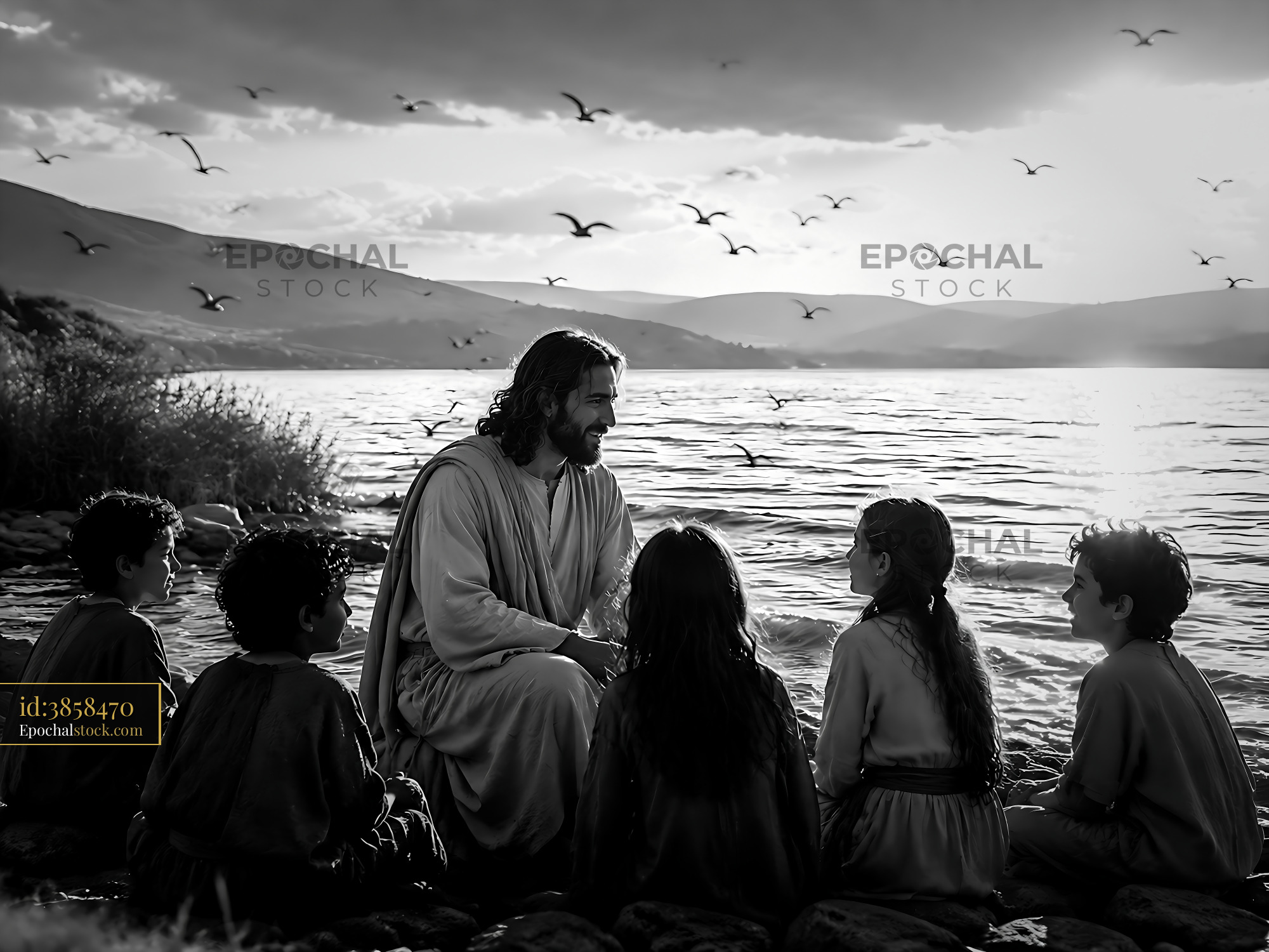 Jesus Teaching Children by the Water With Birds Flying Overhead - stock photo