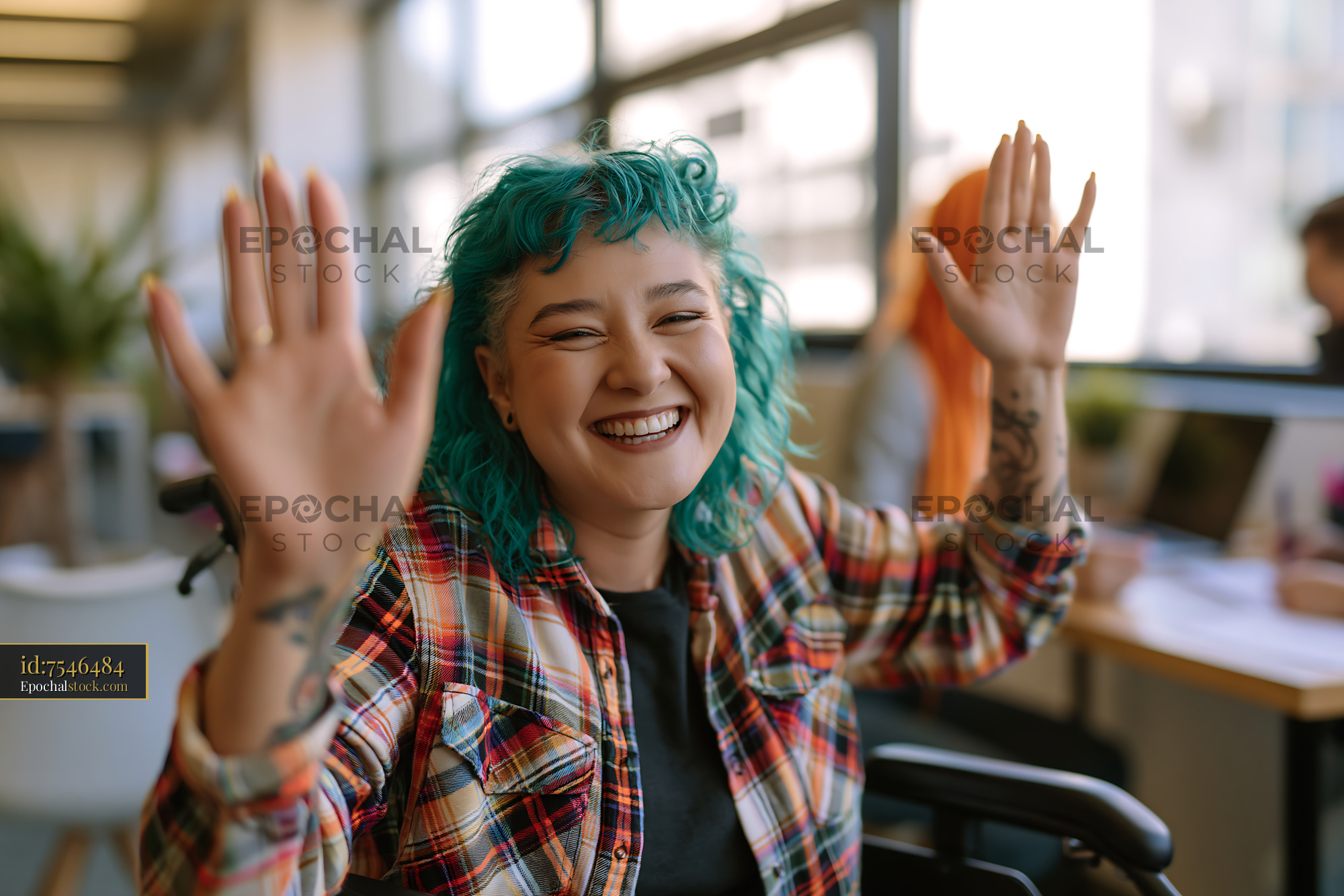 Watermarked full-resolution preview of Woman with turquoise hair smiling in modern office space