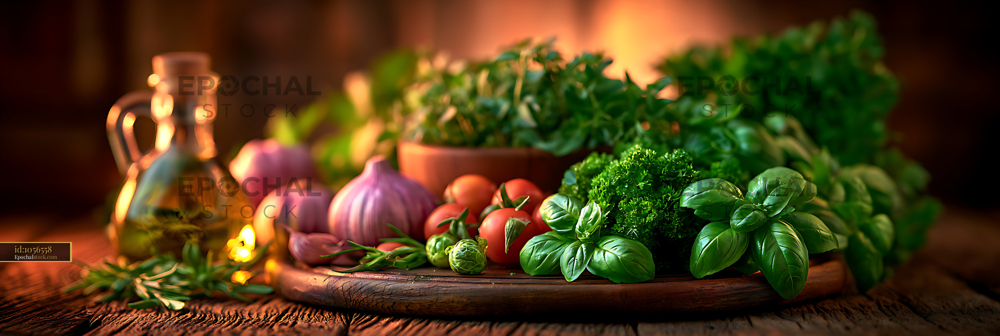 Watermarked full-resolution preview of Fresh herbs and vegetables arranged on a wooden table