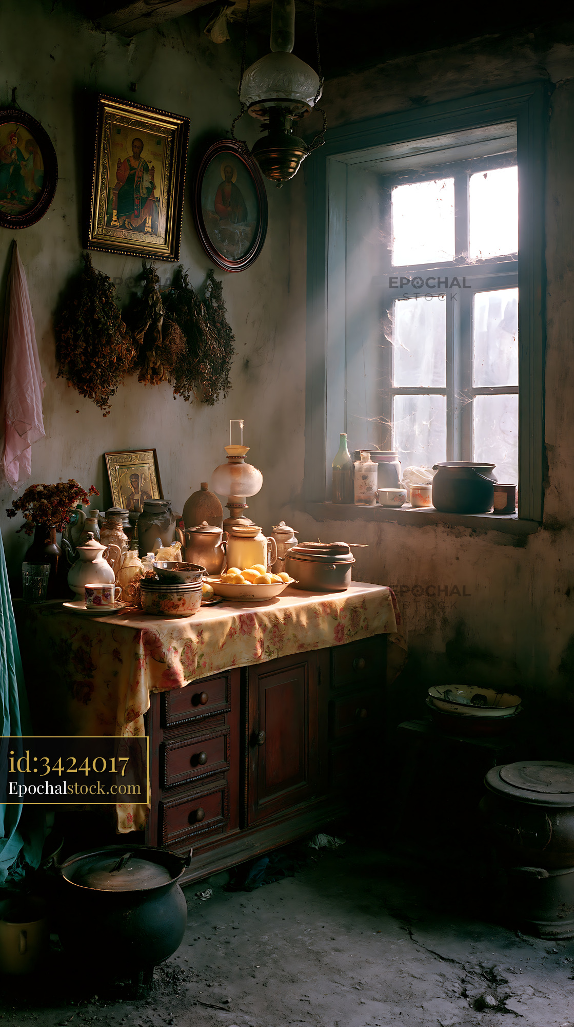 Watermarked full-resolution preview of Rustic kitchen interior with natural light and vintage objects