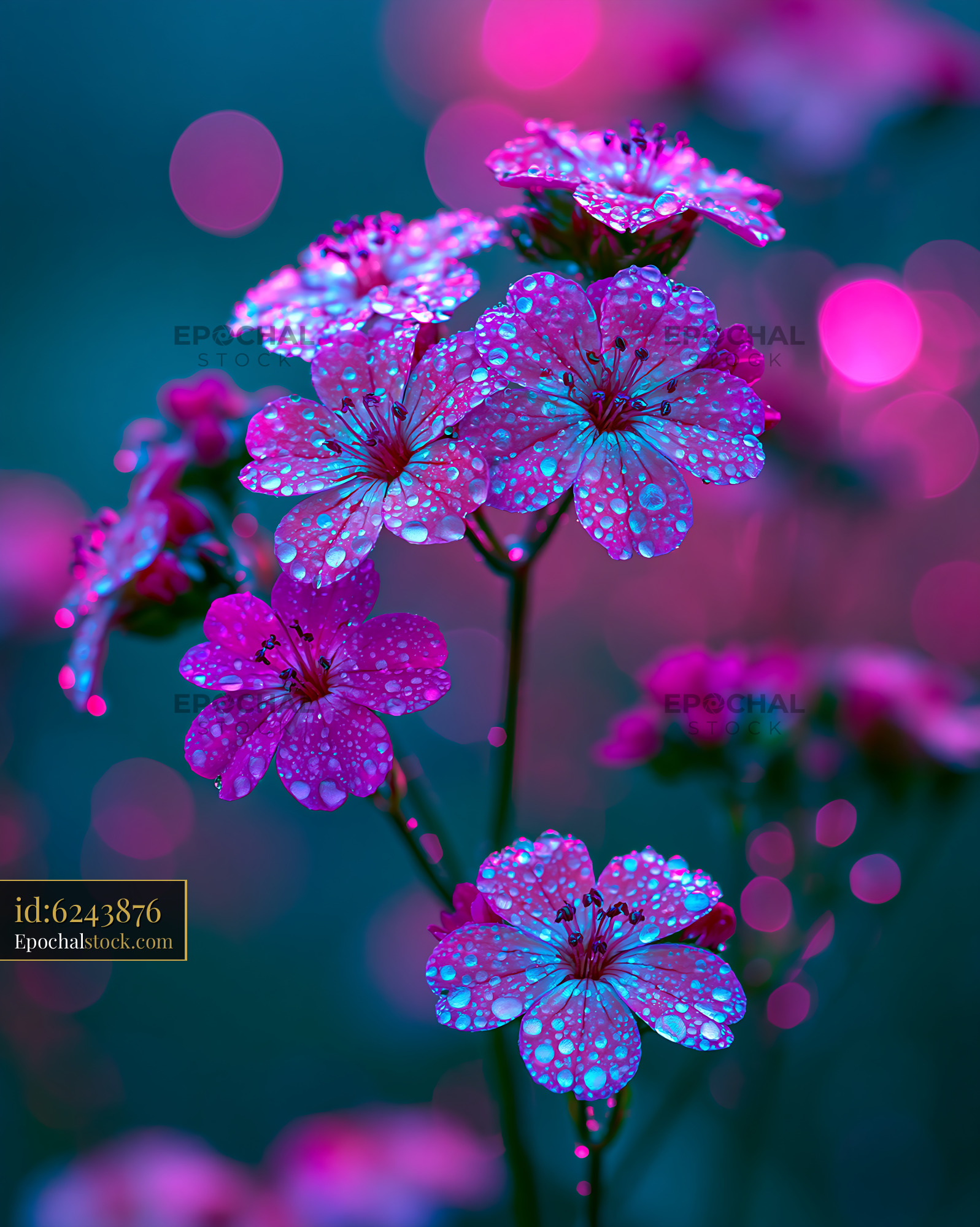 Watermarked full-resolution preview of Colorful flowers with water droplets against a dark background