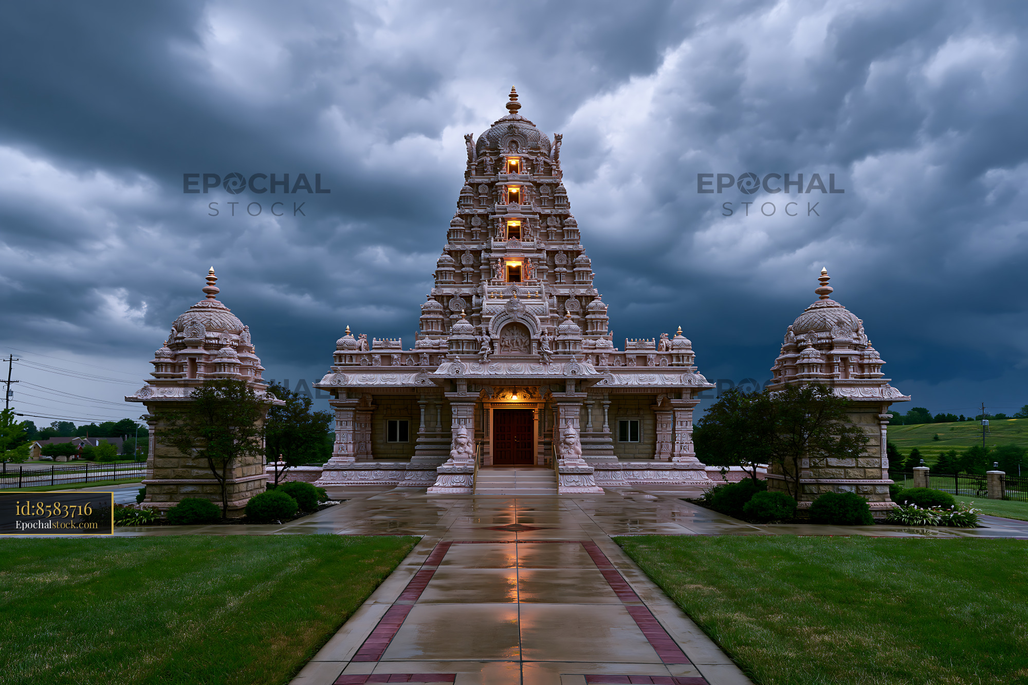 Watermarked full-resolution preview of Temple structure under cloudy sky with rain