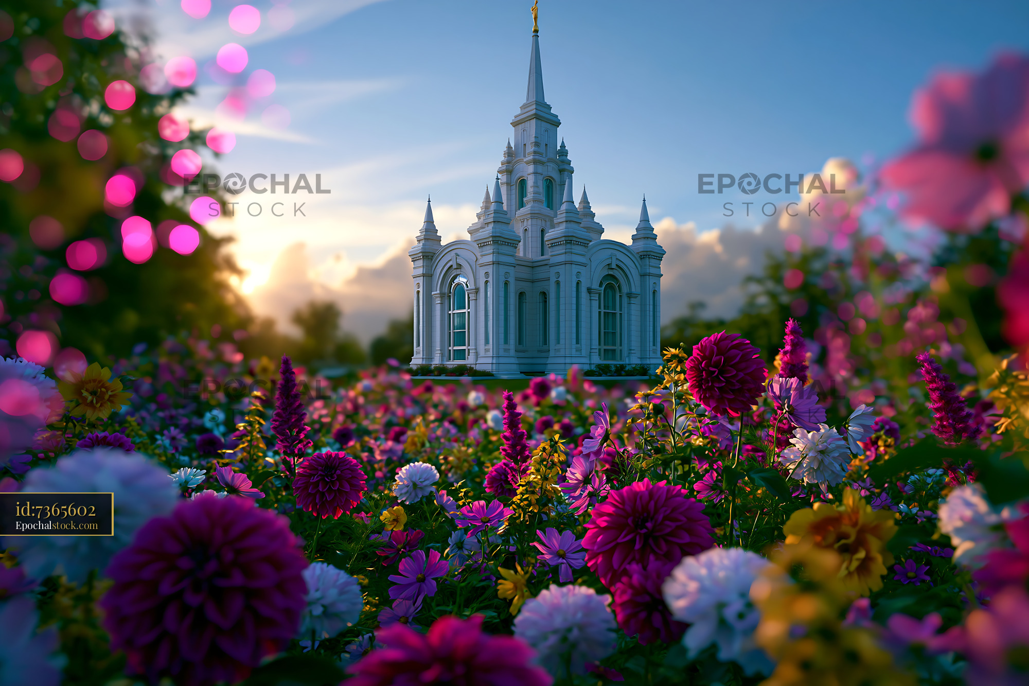Watermarked full-resolution preview of Flowers surround a temple at sunset with colorful blooms
