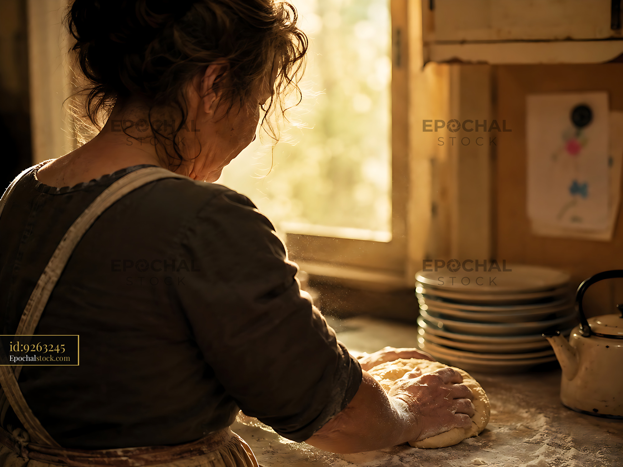Watermarked full-resolution preview of Woman kneading dough by a sunny window in a rustic kitchen