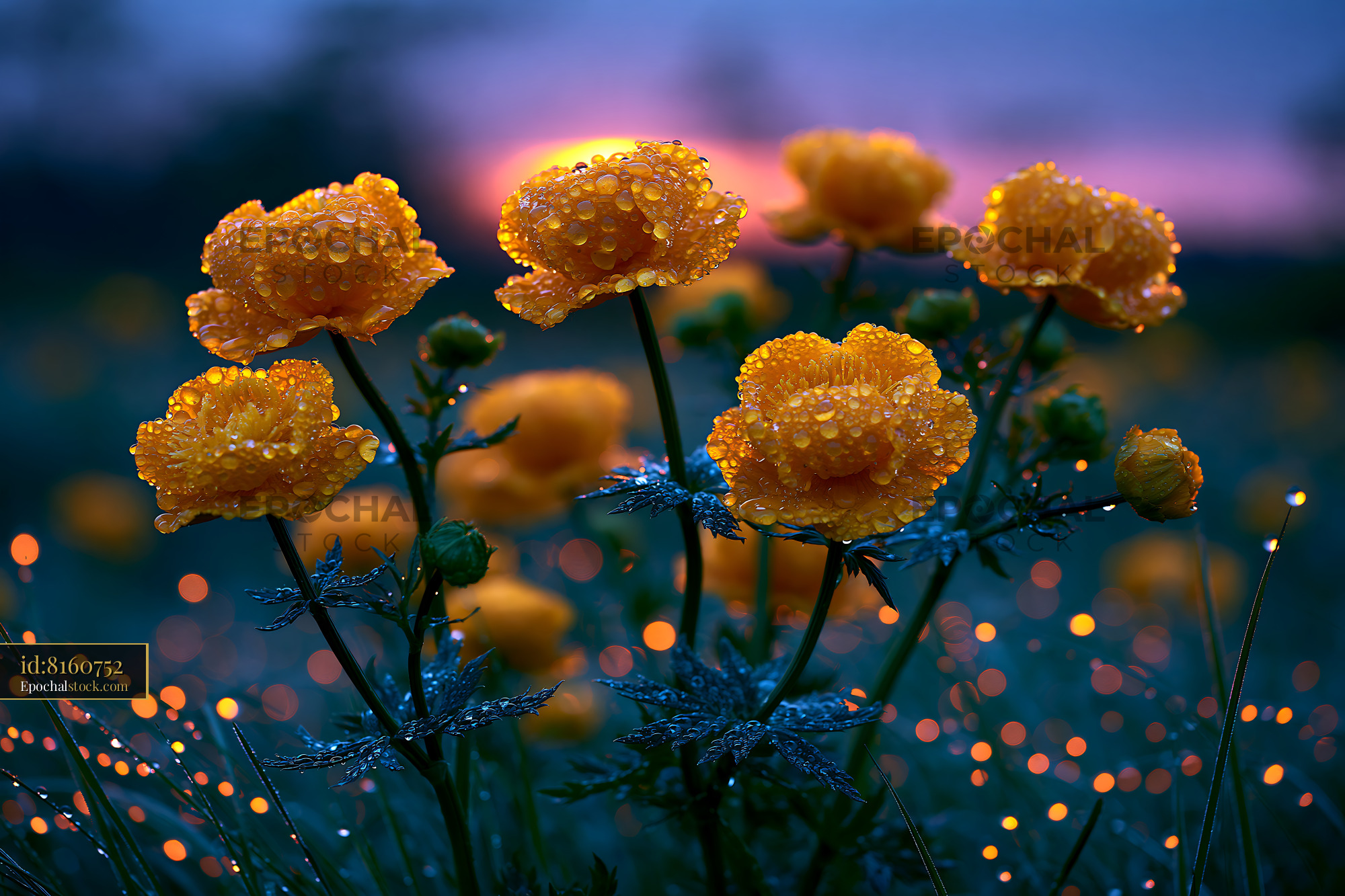 Watermarked full-resolution preview of Flowers with water droplets in a garden at sunset