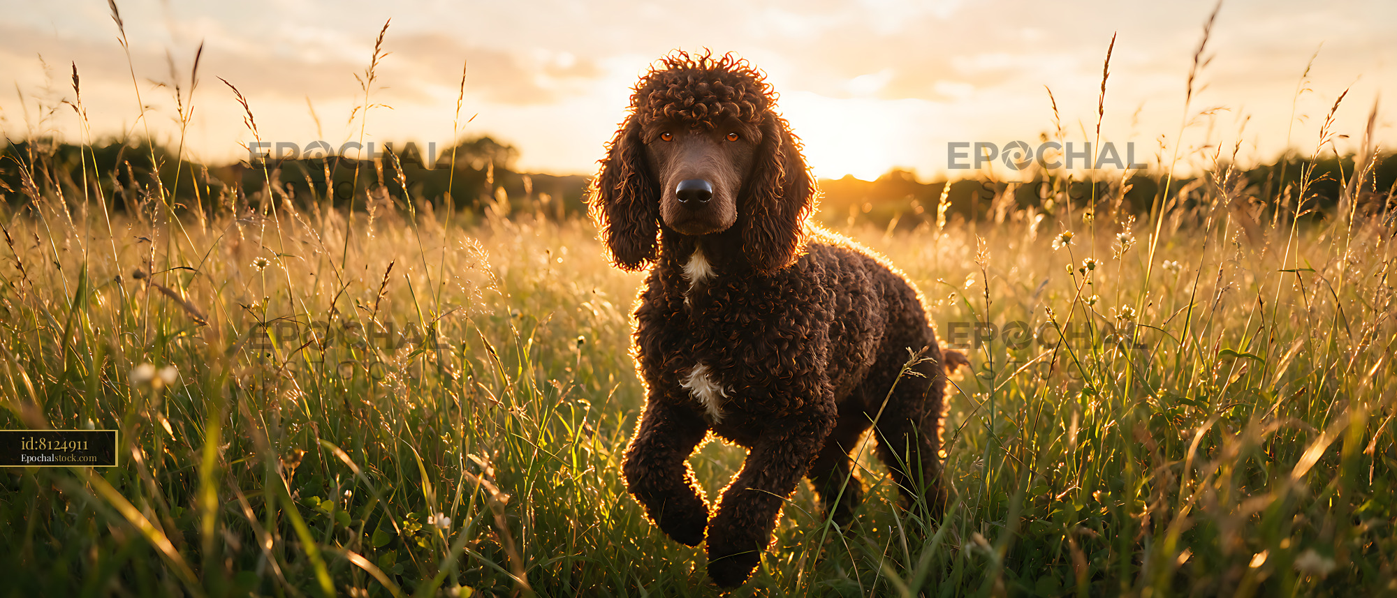 Watermarked full-resolution preview of Curly-coated dog in tall grass at sunset