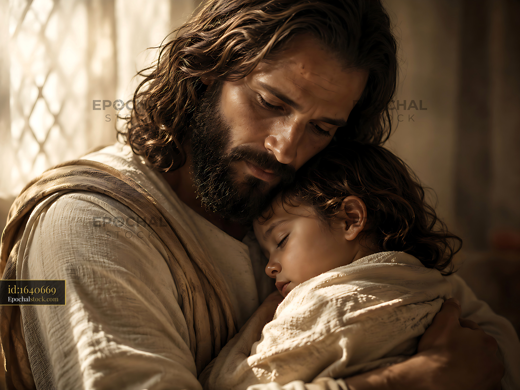 Father Figure Holds Child in an Embrace With Love and Care - stock photo