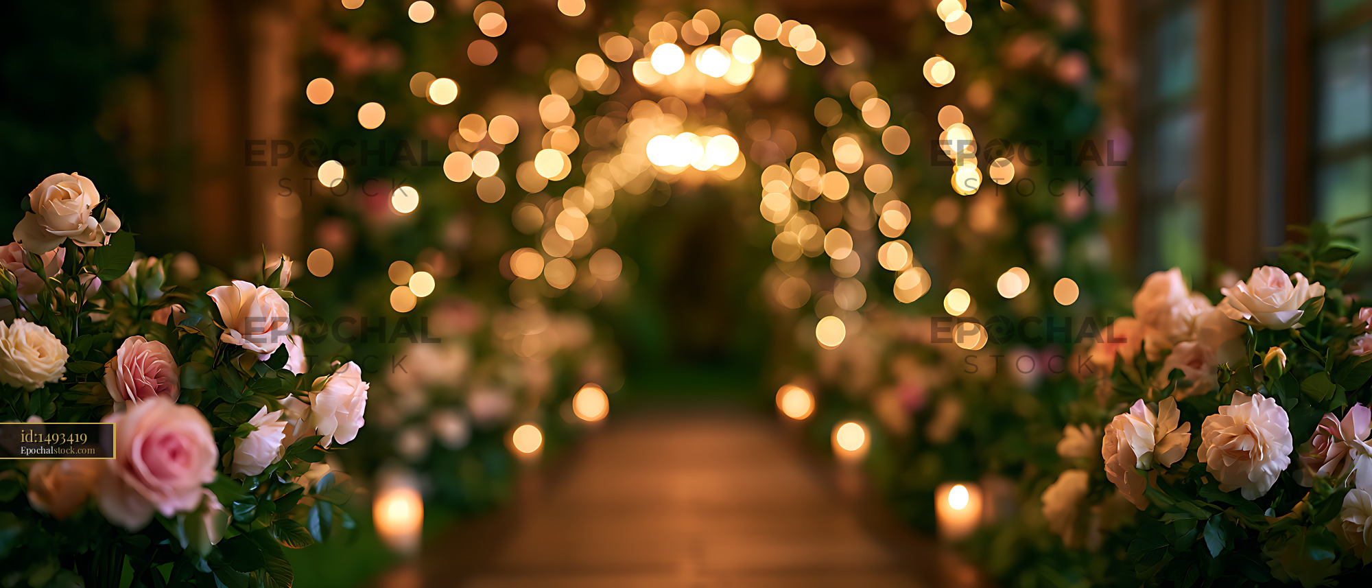 Watermarked full-resolution preview of Rose-lined garden walkway with warm bokeh lights