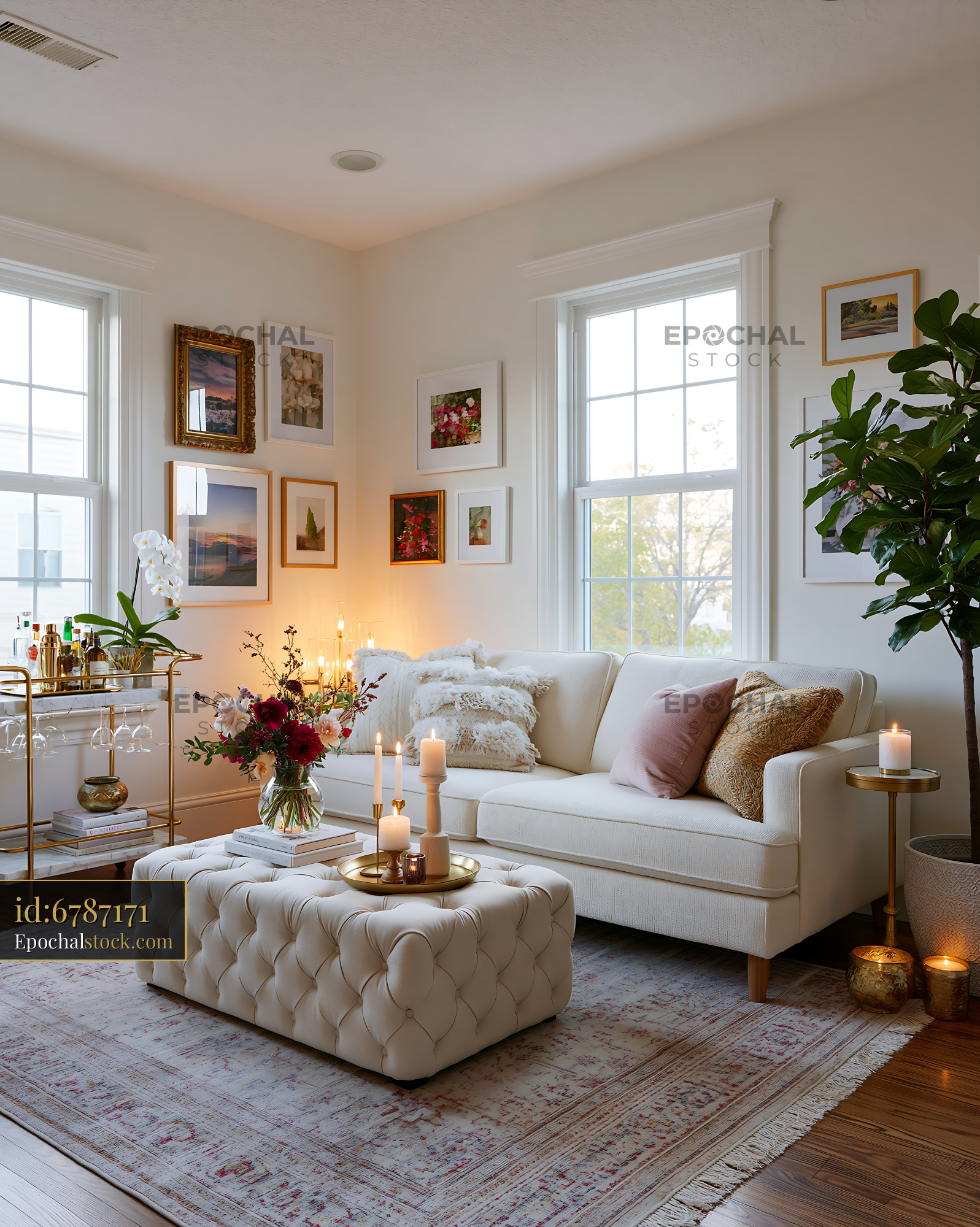 Watermarked full-resolution preview of Warmly decorated living room with sofa and candles