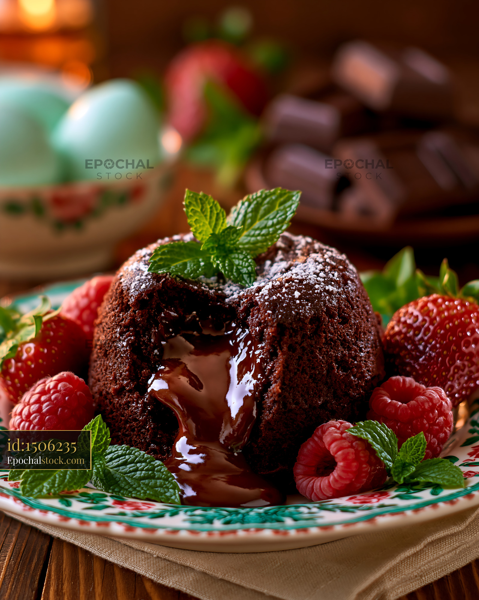 Watermarked full-resolution preview of Chocolate lava cake served with fresh raspberries and mint leaves