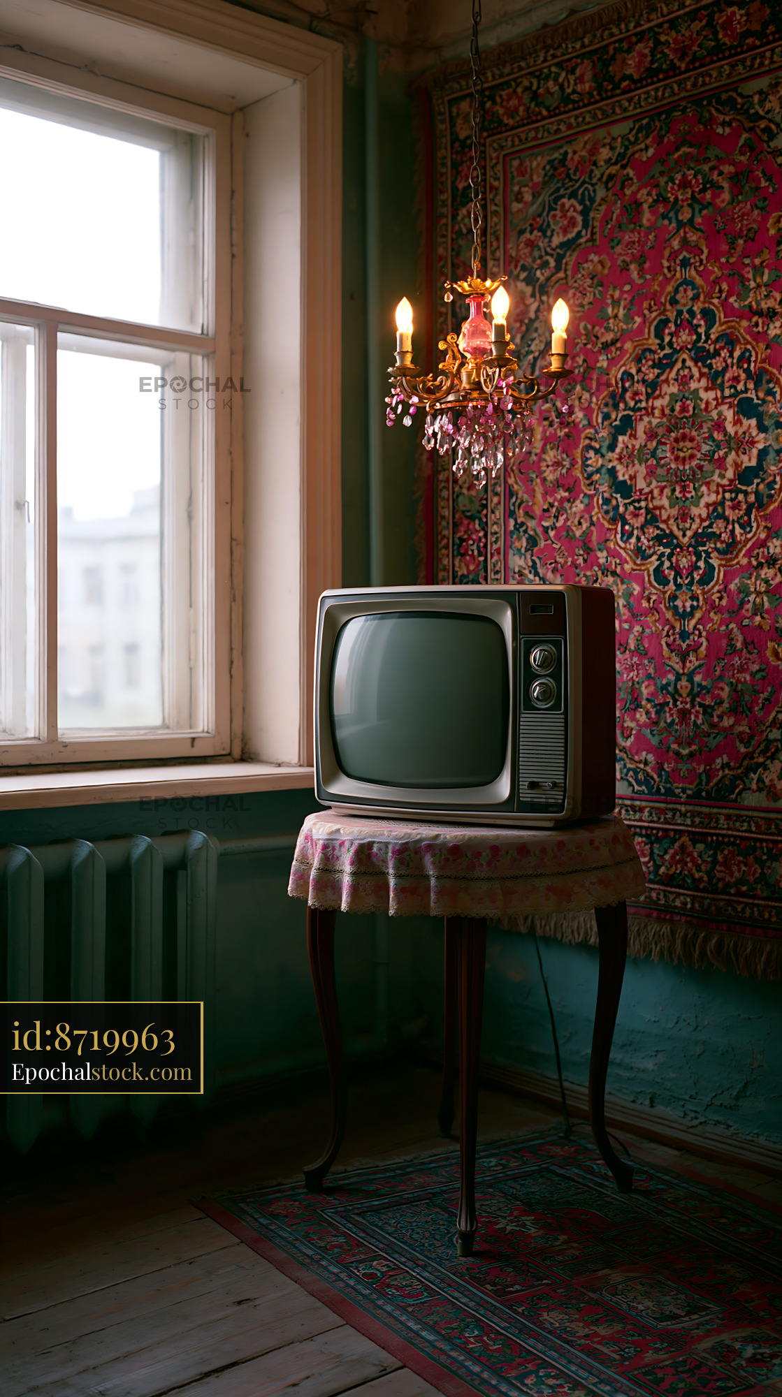 Watermarked full-resolution preview of Old television in a vintage room with a chandelier and patterned walls