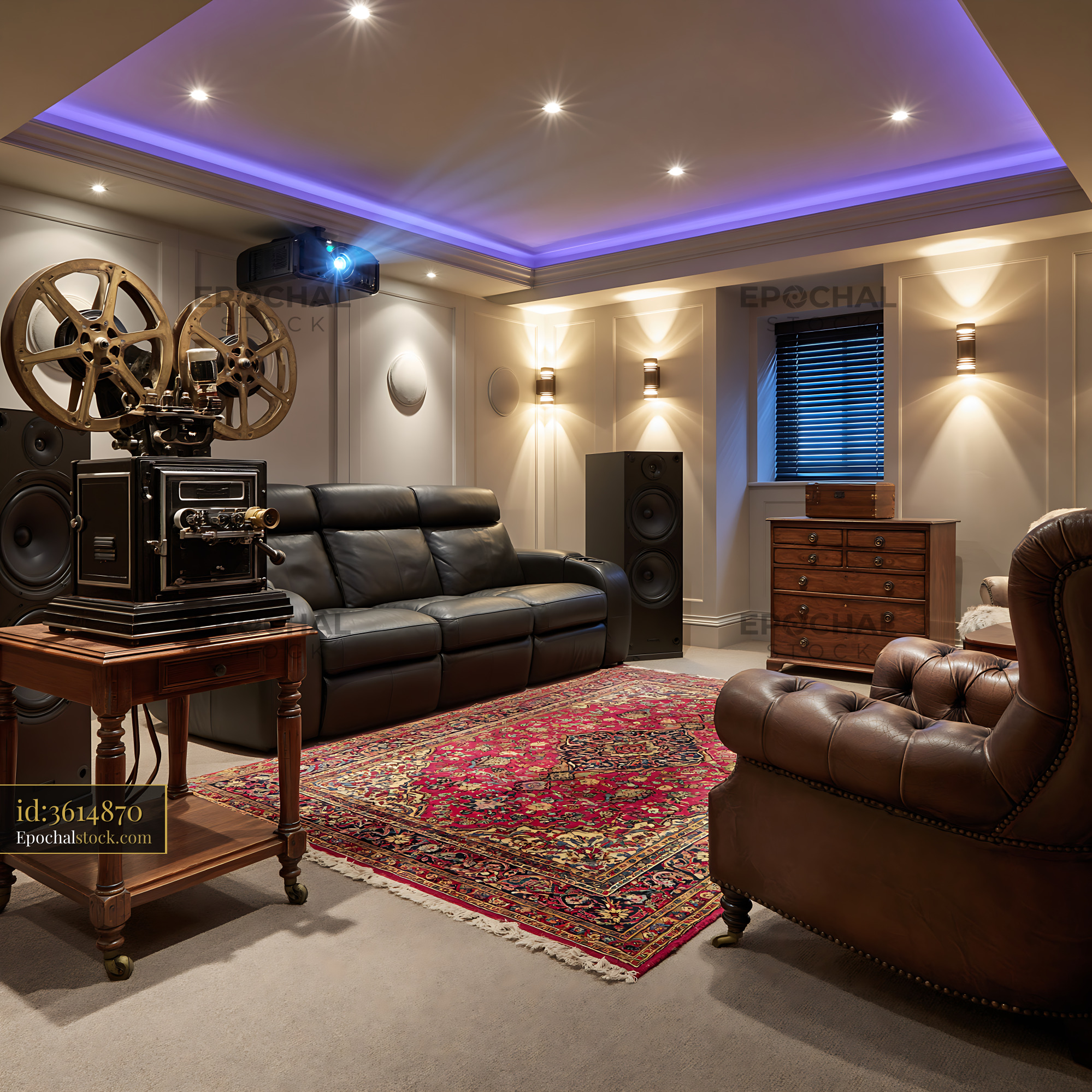 Watermarked full-resolution preview of Home theater setup with vintage film projector and modern seating