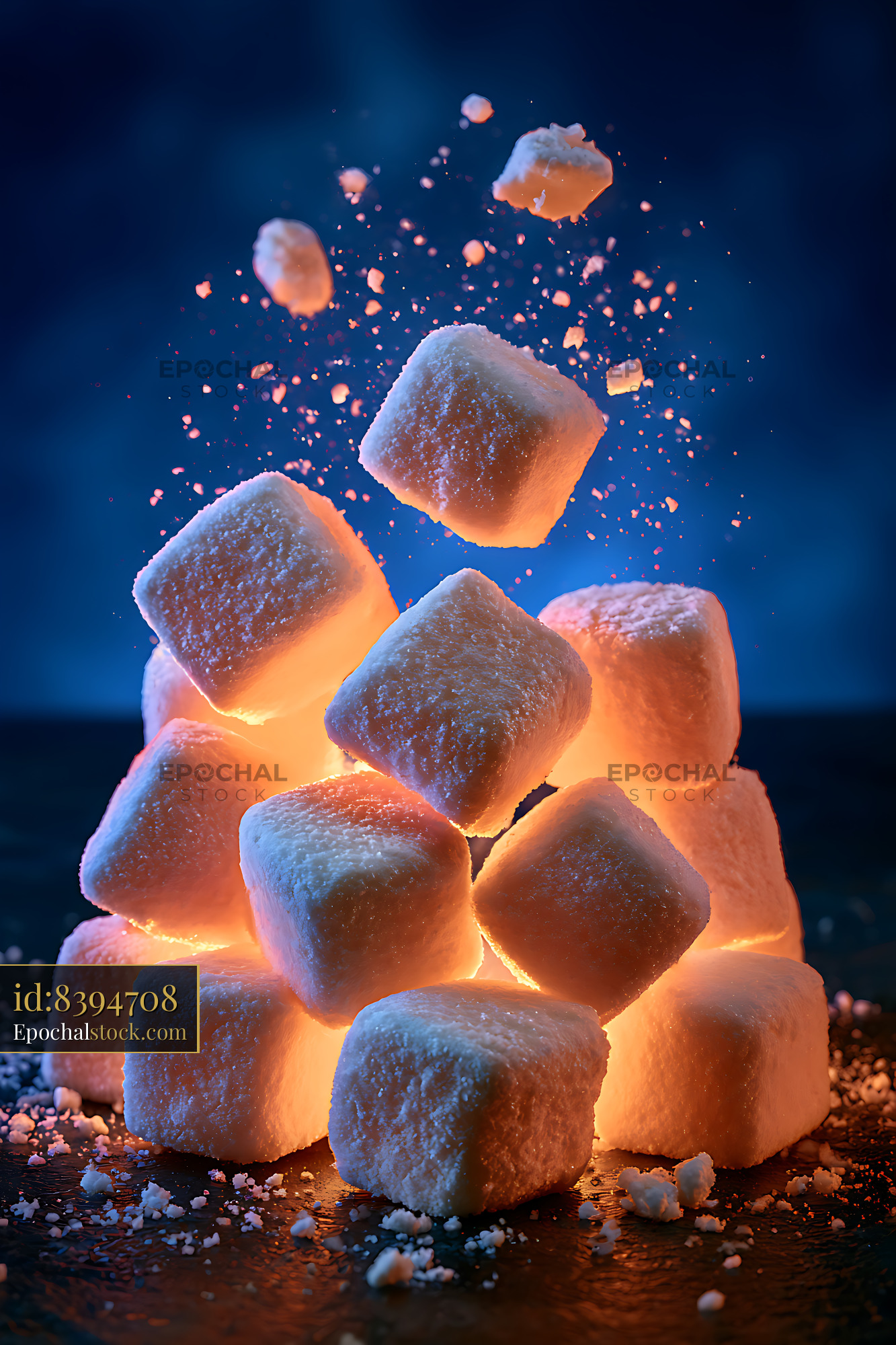 Watermarked full-resolution preview of Sugar cubes stacked with a glowing effect in dark background