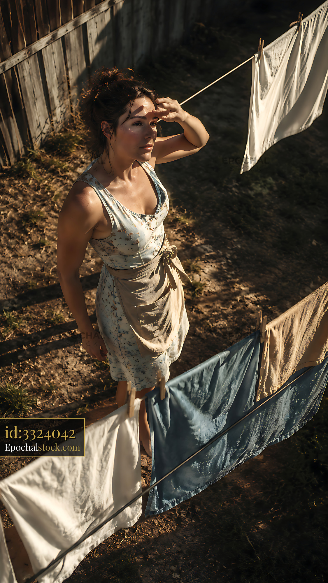 Woman in Dress Checks Sunlight While Hanging Laundry Outside - stock photo