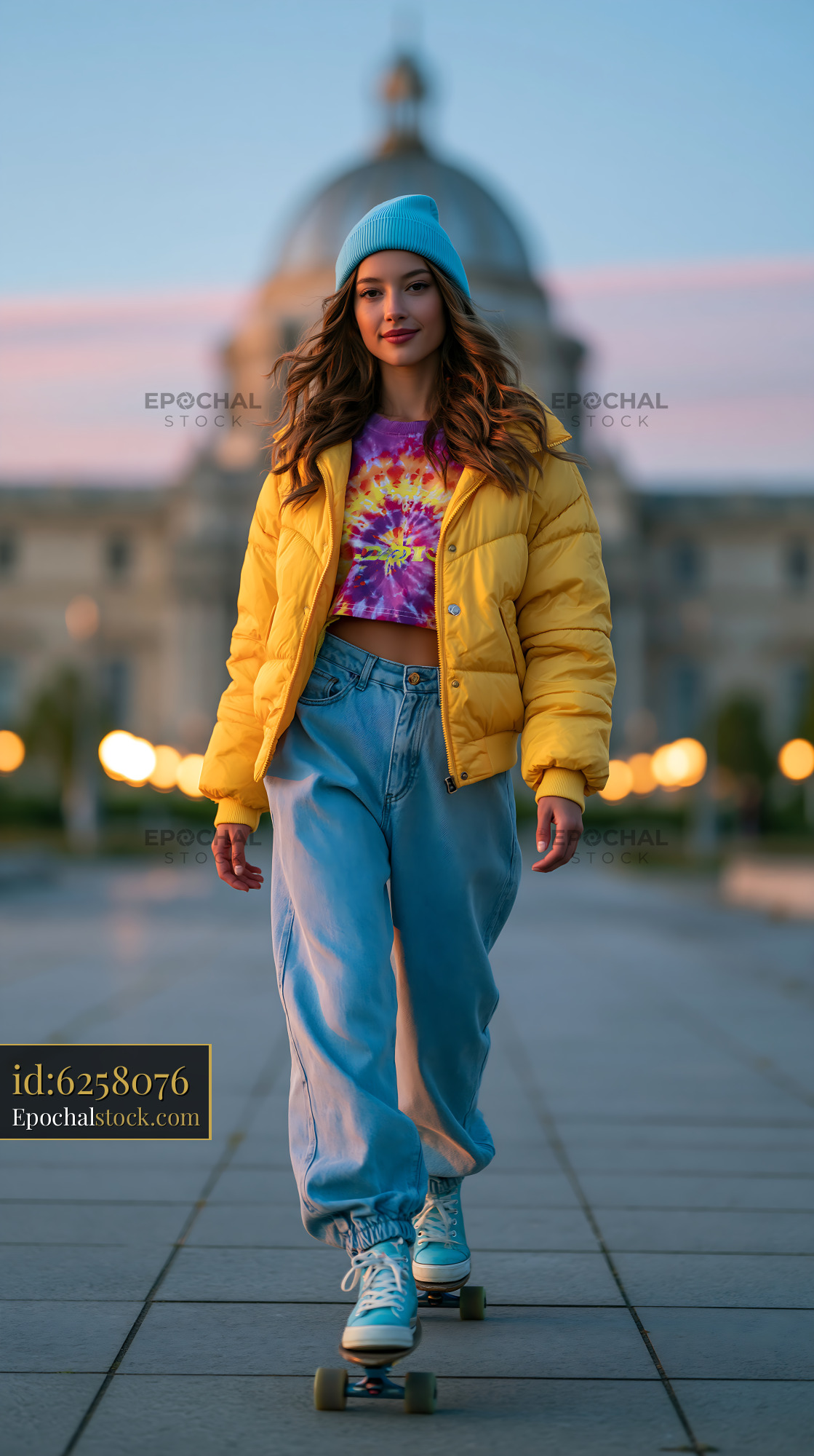 Watermarked full-resolution preview of Skateboarder in city park during sunset
