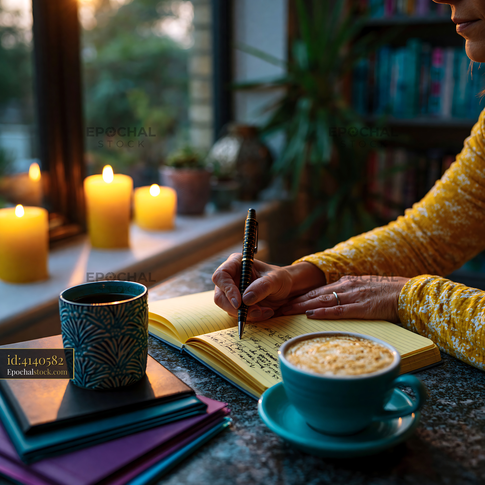 Watermarked full-resolution preview of Writing notes by candlelight with coffee and notebooks