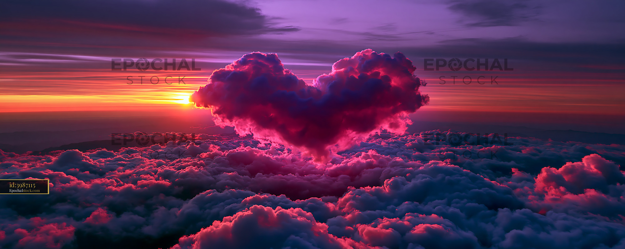 Watermarked full-resolution preview of Colorful clouds form a heart shape against a sunset sky