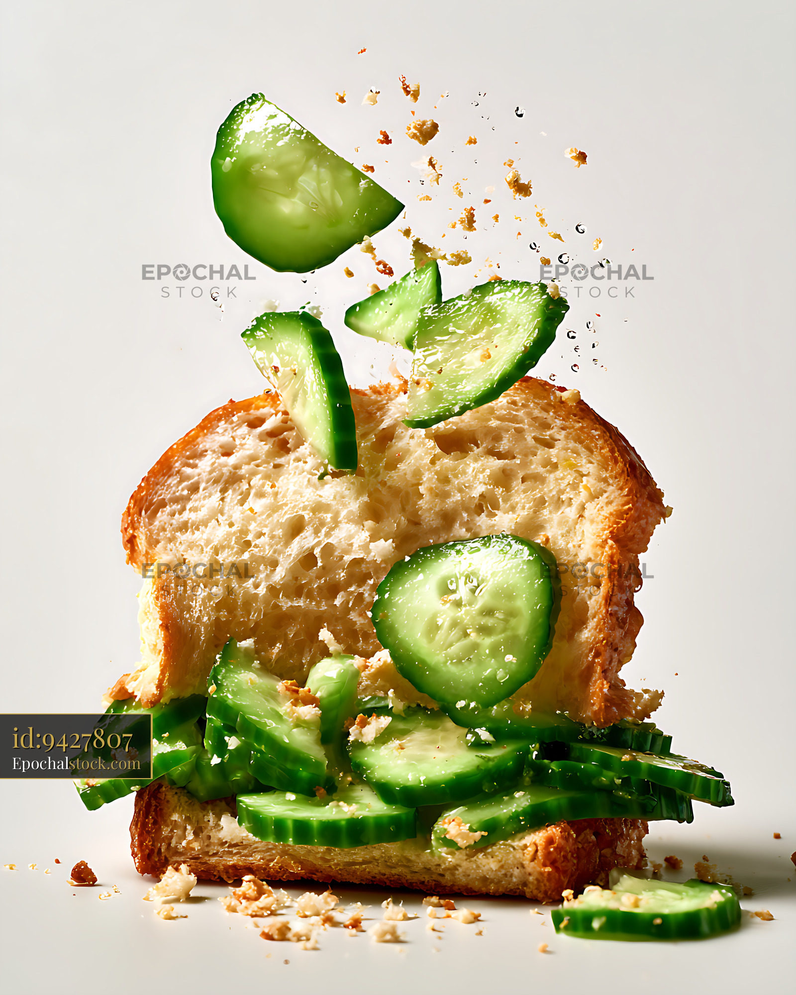 Watermarked full-resolution preview of Open sandwich with cucumber slices and scattered crumbs