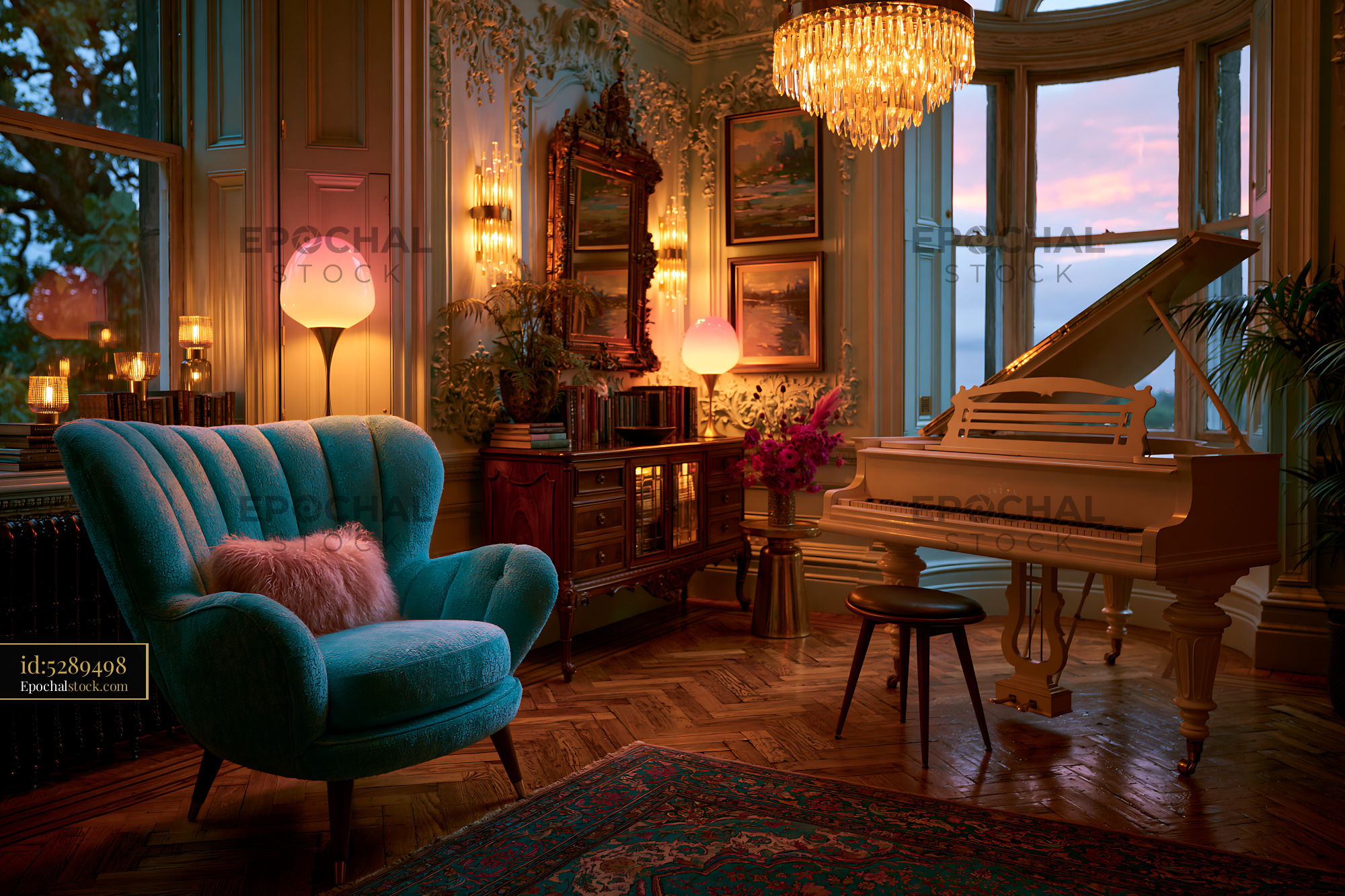 Watermarked full-resolution preview of Cozy living room with piano and elegant decor at sunset