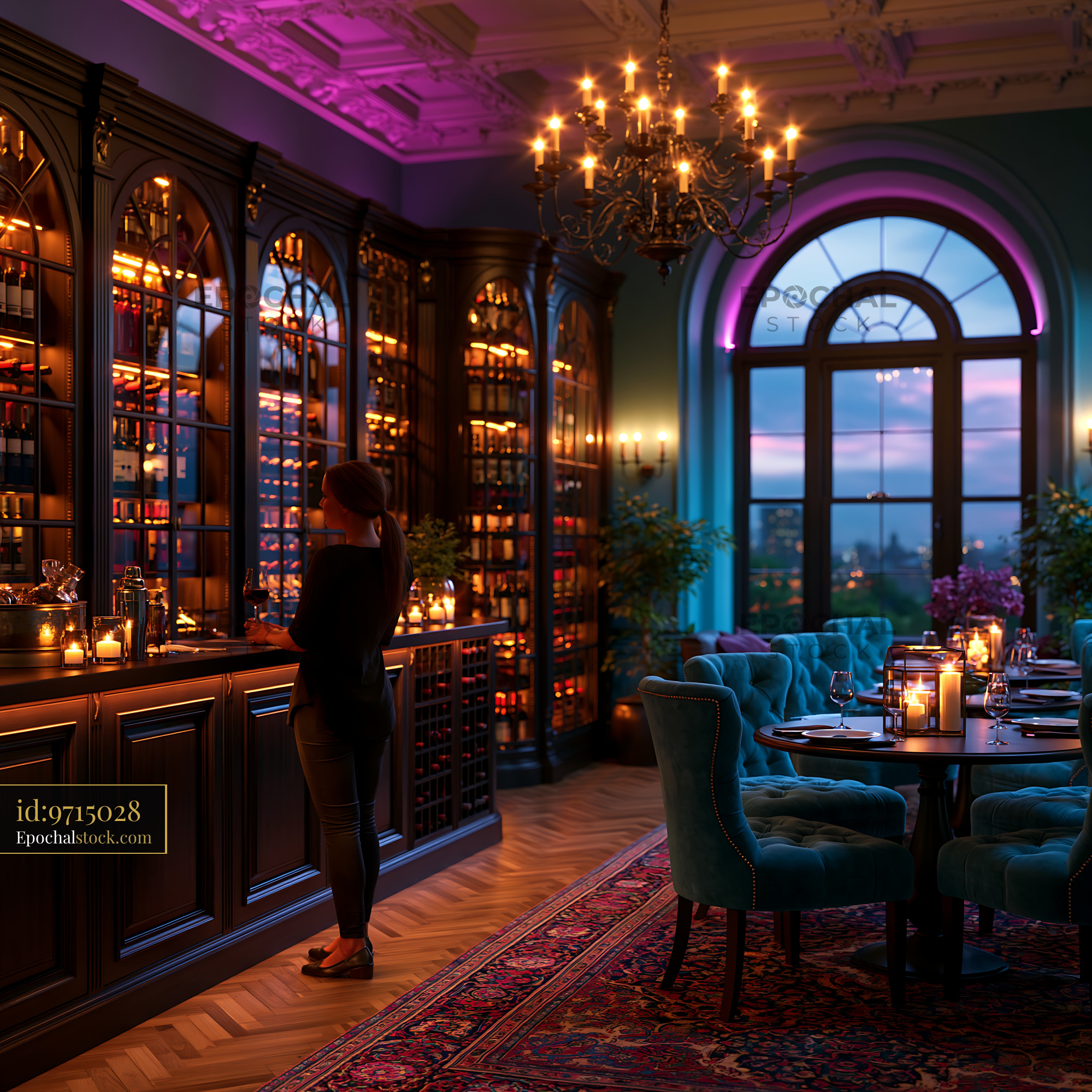 Watermarked full-resolution preview of Elegant interior of a bar during twilight with warm lighting