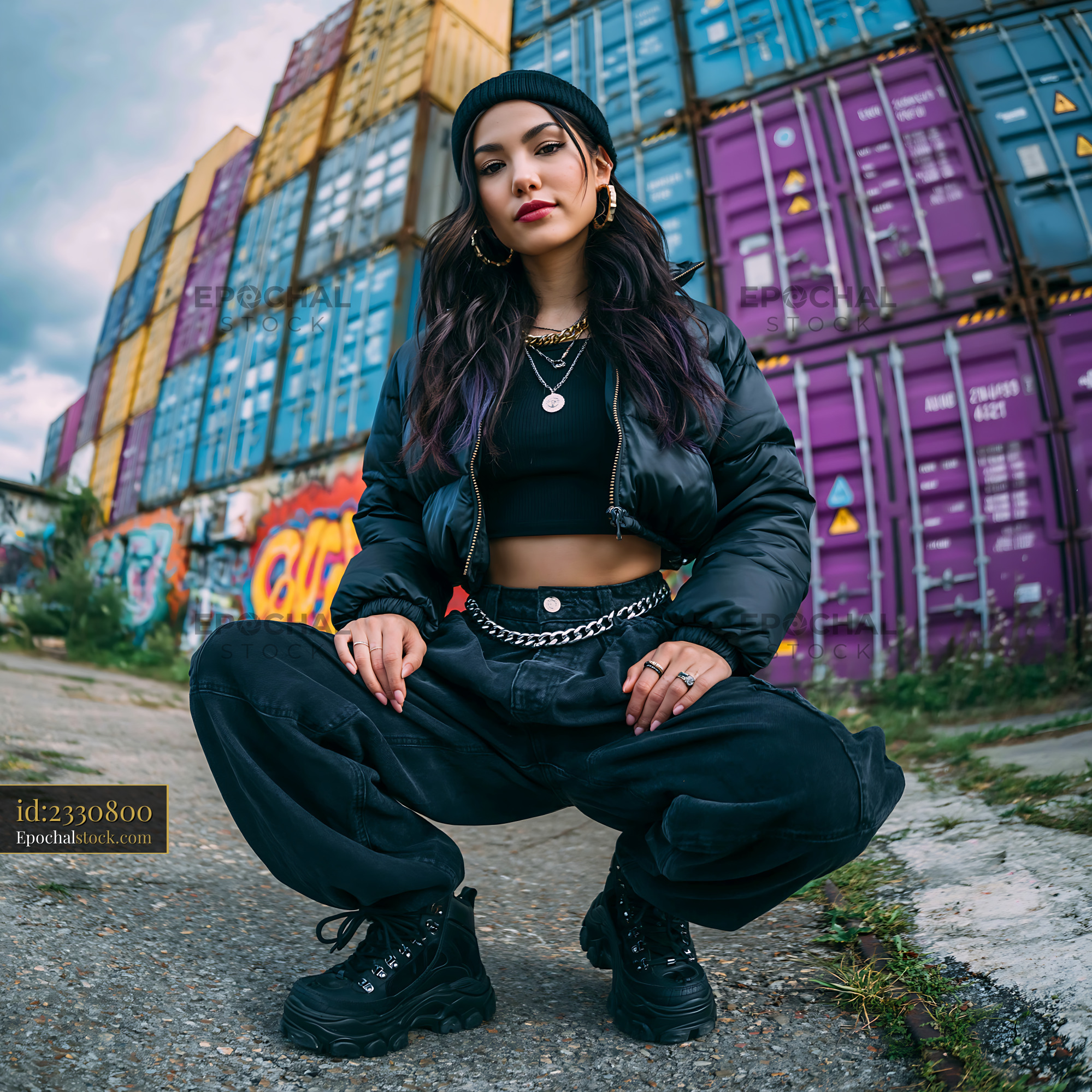 Watermarked full-resolution preview of Young woman squatting by colorful shipping containers