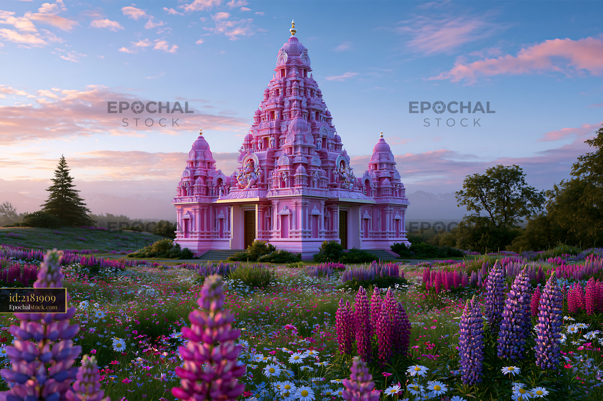 Watermarked full-resolution preview of Colorful temple with flowers in the foreground at sunset