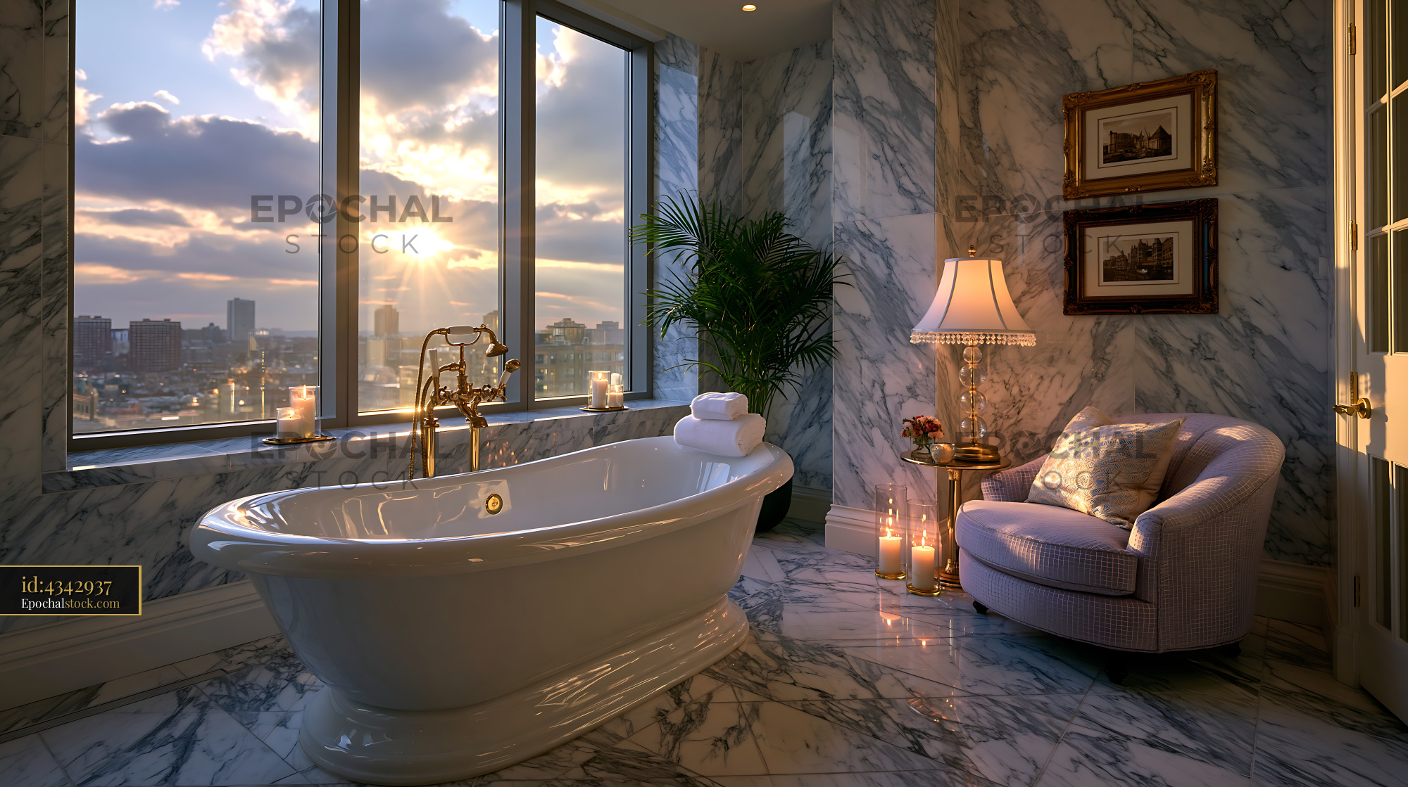 Watermarked full-resolution preview of Luxury bathroom with a bathtub and city view at sunset