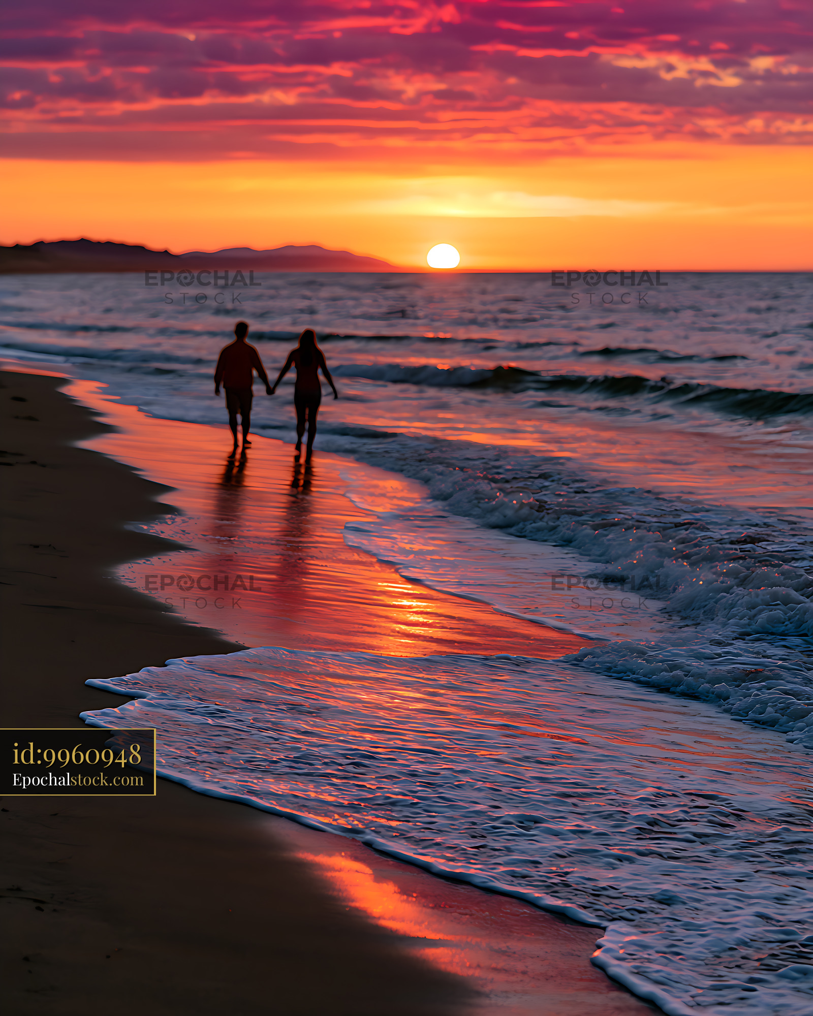 Watermarked full-resolution preview of Two People Walking Along a Sunset Beach