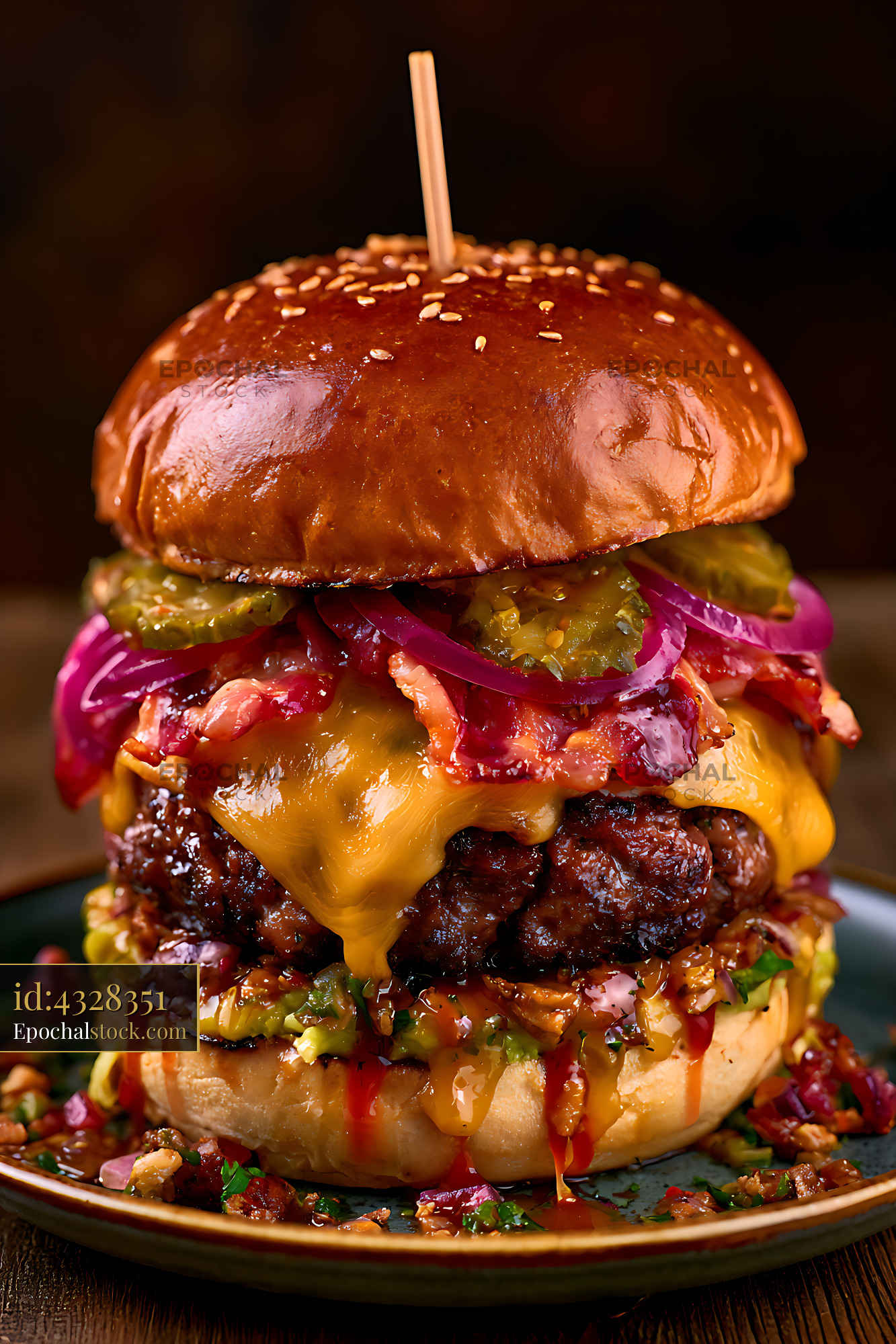 Watermarked full-resolution preview of Juicy burger with cheese, pickles, and onions on a plate